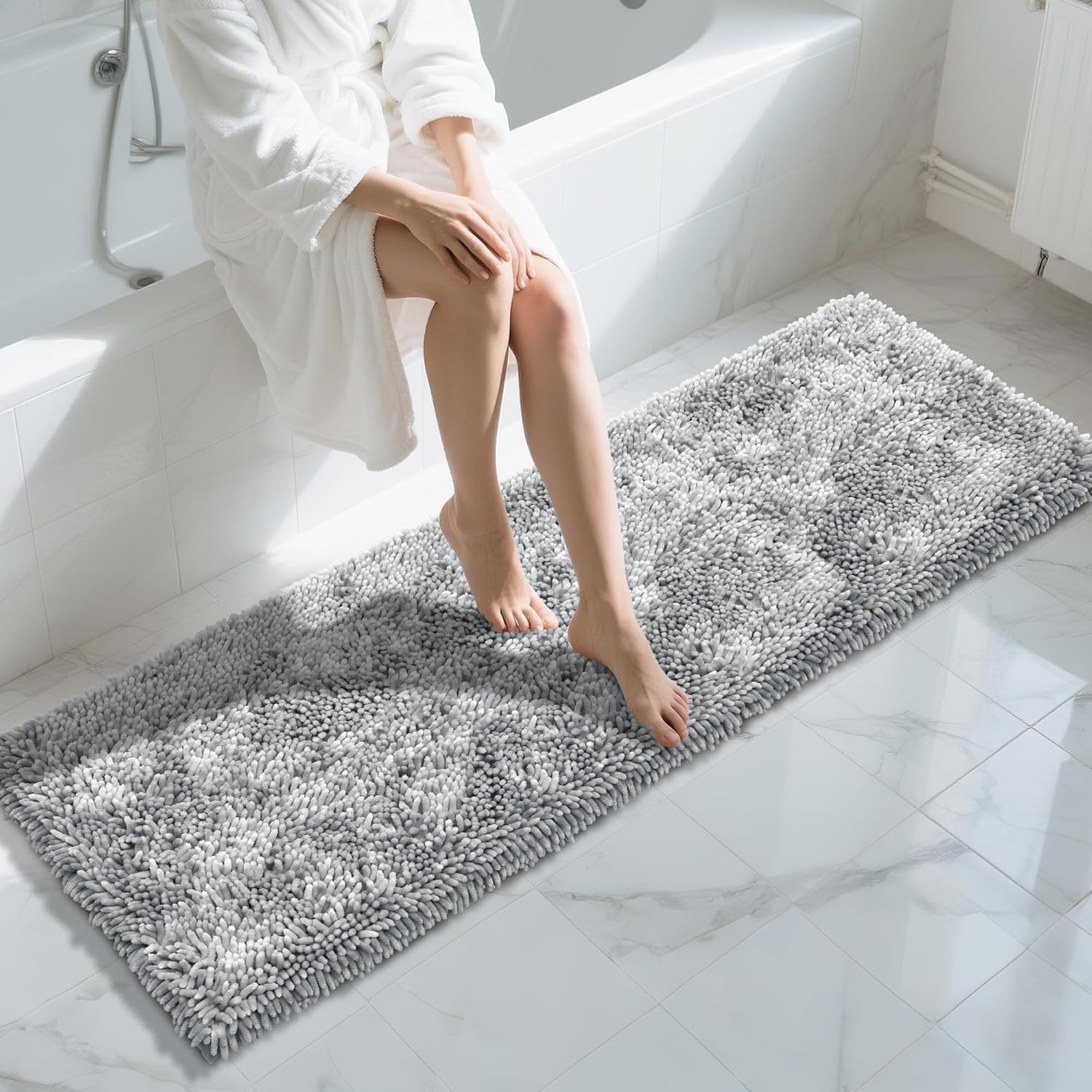 Yimobra Long Bathroom Rugs Runner 70x24 Inch, Extra Thick Soft Absorbent Chenille Bath Mat, Non Slip Machine Washable, Quick Dry Bath Rugs for Bathroom Floor, Tub and Shower, Light Grey