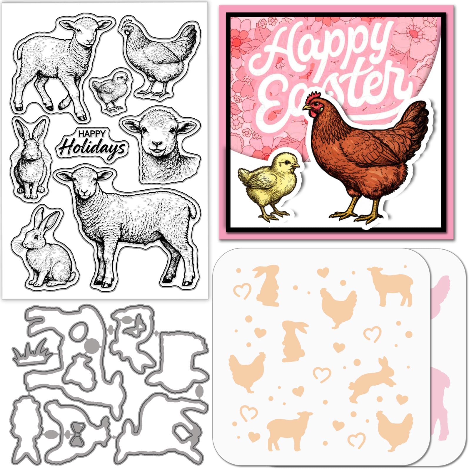 GLOBLELAND Easter Animals Silicone Clear Stamp Happy Easter Cutting Dies Rabbits Sheep Chickens PET Painting Stencils Template Set for Card Making DIY Scrapbooking Craft Embossing