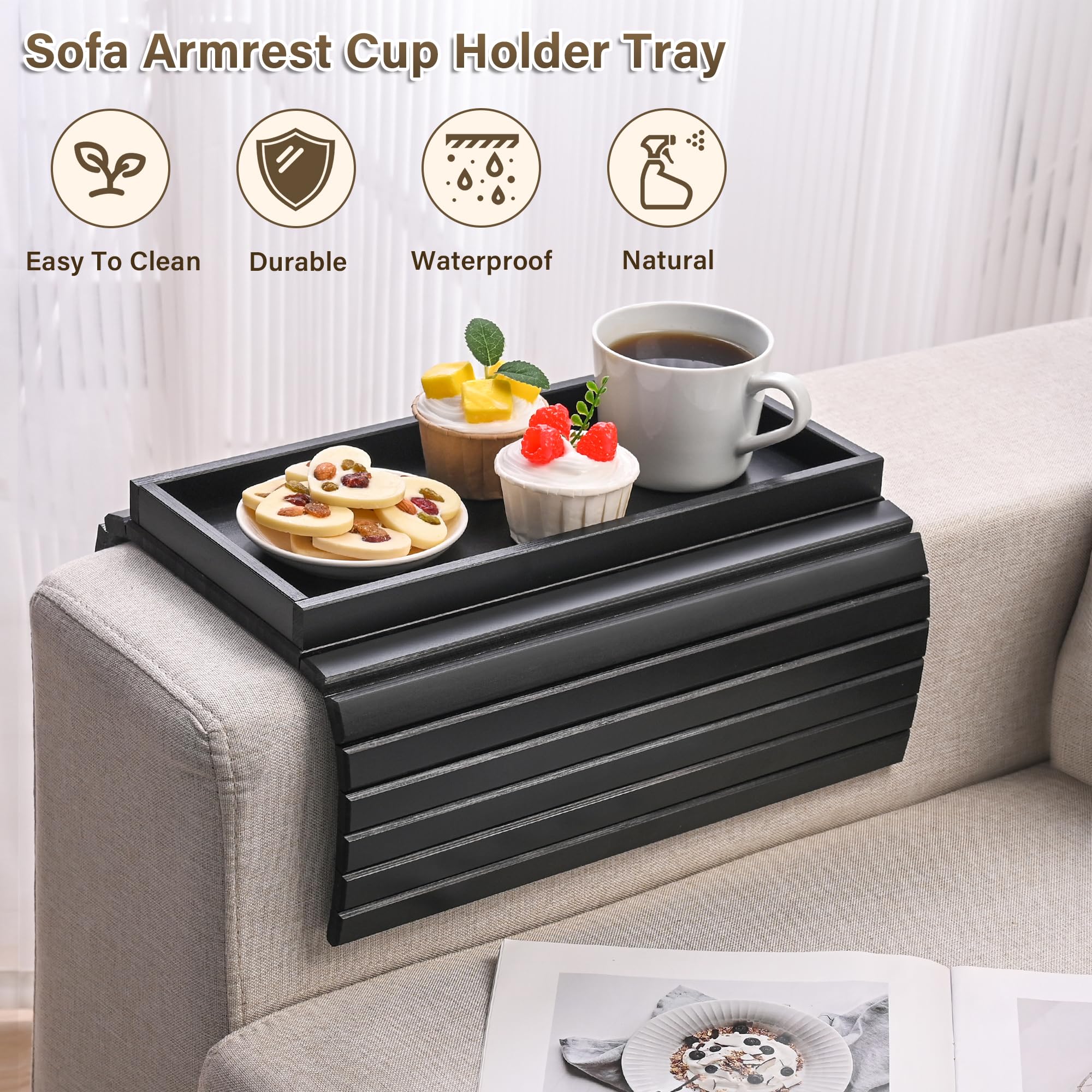 Bandeja de bambú para reposabrazos de sofá, bandeja para reposabrazos de sofá, bandeja plegable para reposabrazos, mesa de sofá para comer, bebidas, aperitivos, control remoto, teléfono