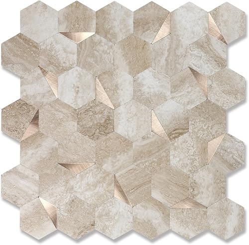 Azulejos hexagonales para salpicaduras para despegar y pegar, 12 x 10.4 pulgadas, azulejos de pared de PVC 3D de metal mixto blanco puro para cocina