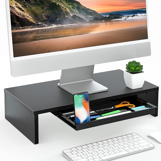 FITUEYES Wood Monitor Stand with Drawer, Computer Laptop Riser, Phone Holder, Home Office Supplies Desk Organizer, 42.5x23.5x10cm, Max Load 20 kg, Black