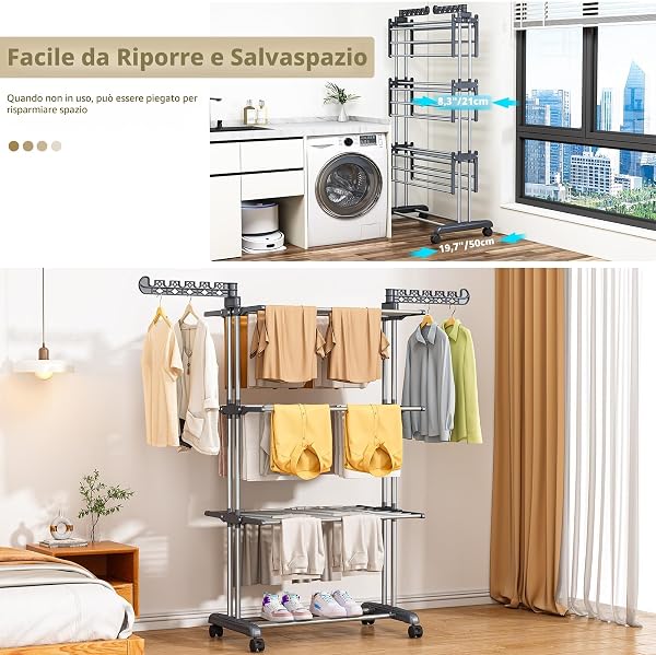PurKeep Stendino a 4 Ripiani, Grande Capacità – Upgrade Stendino Con Ruote, Stendibiancheria Pieghevole a Torre in Acciaio Inox, Stabile Verticale per Interni/Esterni, Salvaspazio, Grigionero - 2