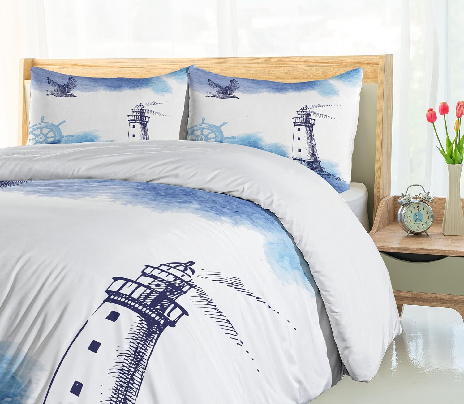 Ambesonne Lighthouse Duvet Cover Set, Nostalgic Watercolors Gull Anchor Tower Nautical Theme, Decorative 3 Piece Bedding Set with 2 Pillow Shams, Queen Size, Navy Blue