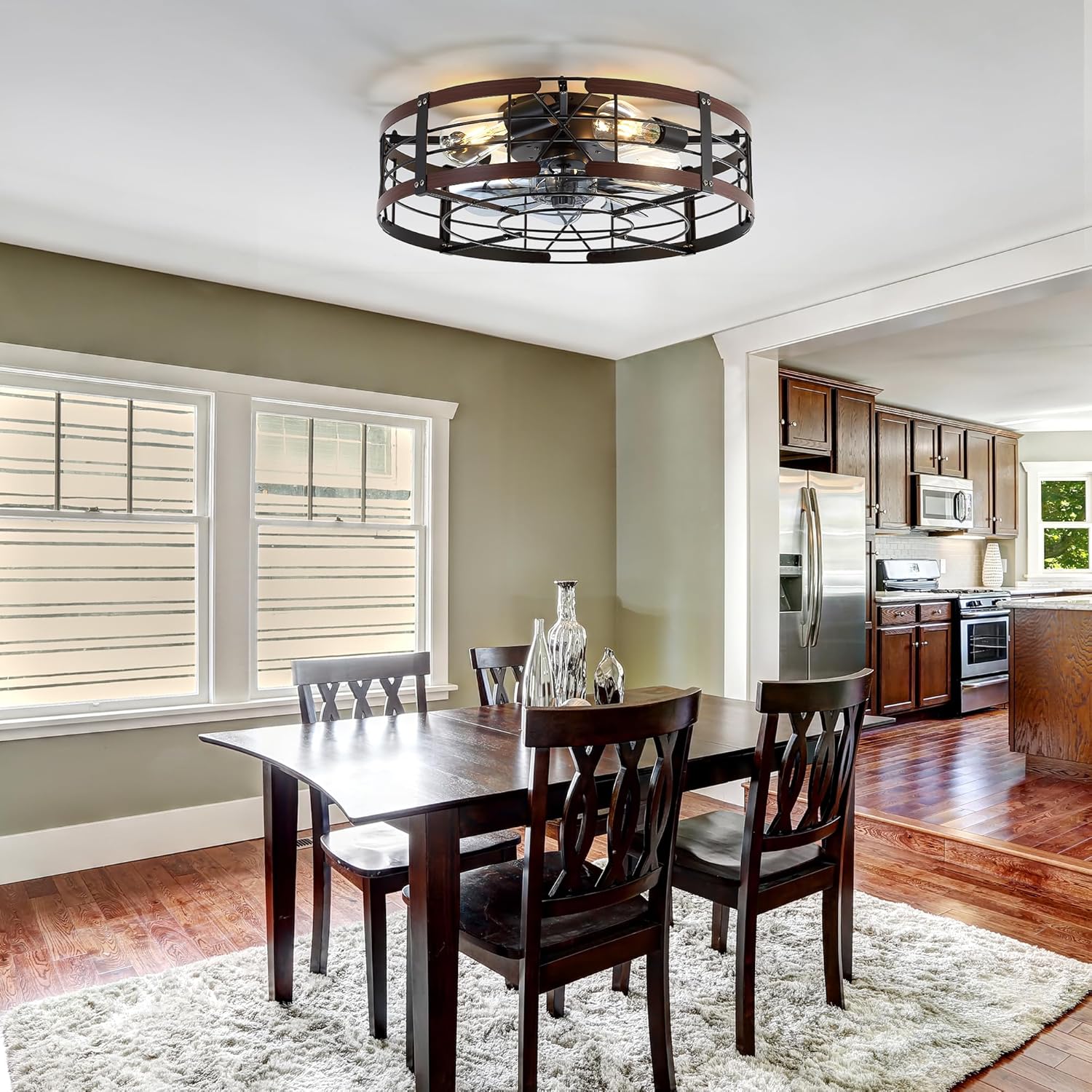 ZYD 20" Caged Ceiling Fan with Light, Farmhouse Cieling Fan with Quiet DC Motor, Rustic Metal Cage with Wood Grain Accent, Ideal for Bedroom, Living Room, Kitchen, Dining Room, Cafés, Restaurants