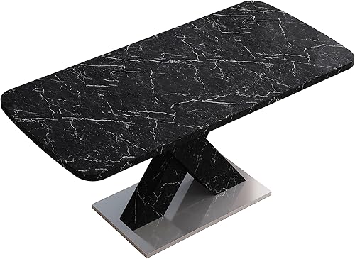 Miniatura 8 de Mesa de comedor cuadrada moderna, de 47.24 a 62.99 pulgadas de largo, elástica, con estampado de mármol negro + patas de mesa en forma de X de MDF