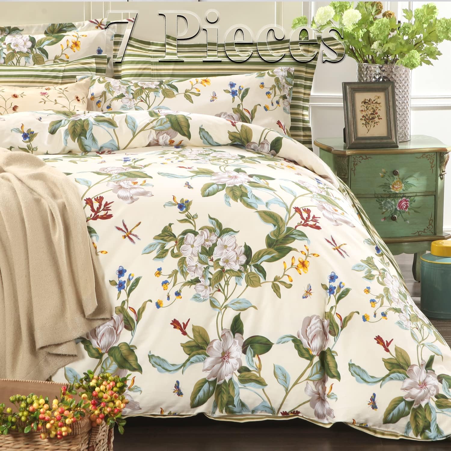 FADFAY 7 Piece Queen Size Floral Bedding Set 100% Cotton Duvet Cover Green Beige Soft Breathable Completed Bedding Hypoallergenic Summer Botanical Vintage Sheets Deep Pocket Bed Sheets, 17.5 inches