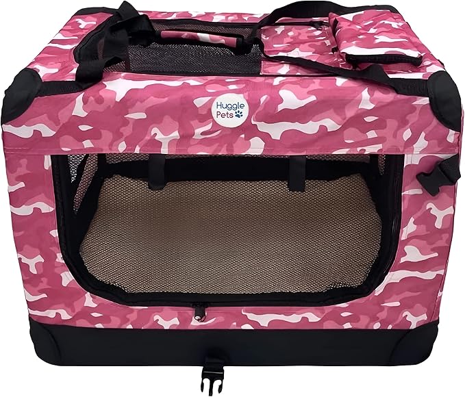 HugglePets Pink Camo Fabric Dog Crate Carrier XLarge 82cm, Foldable