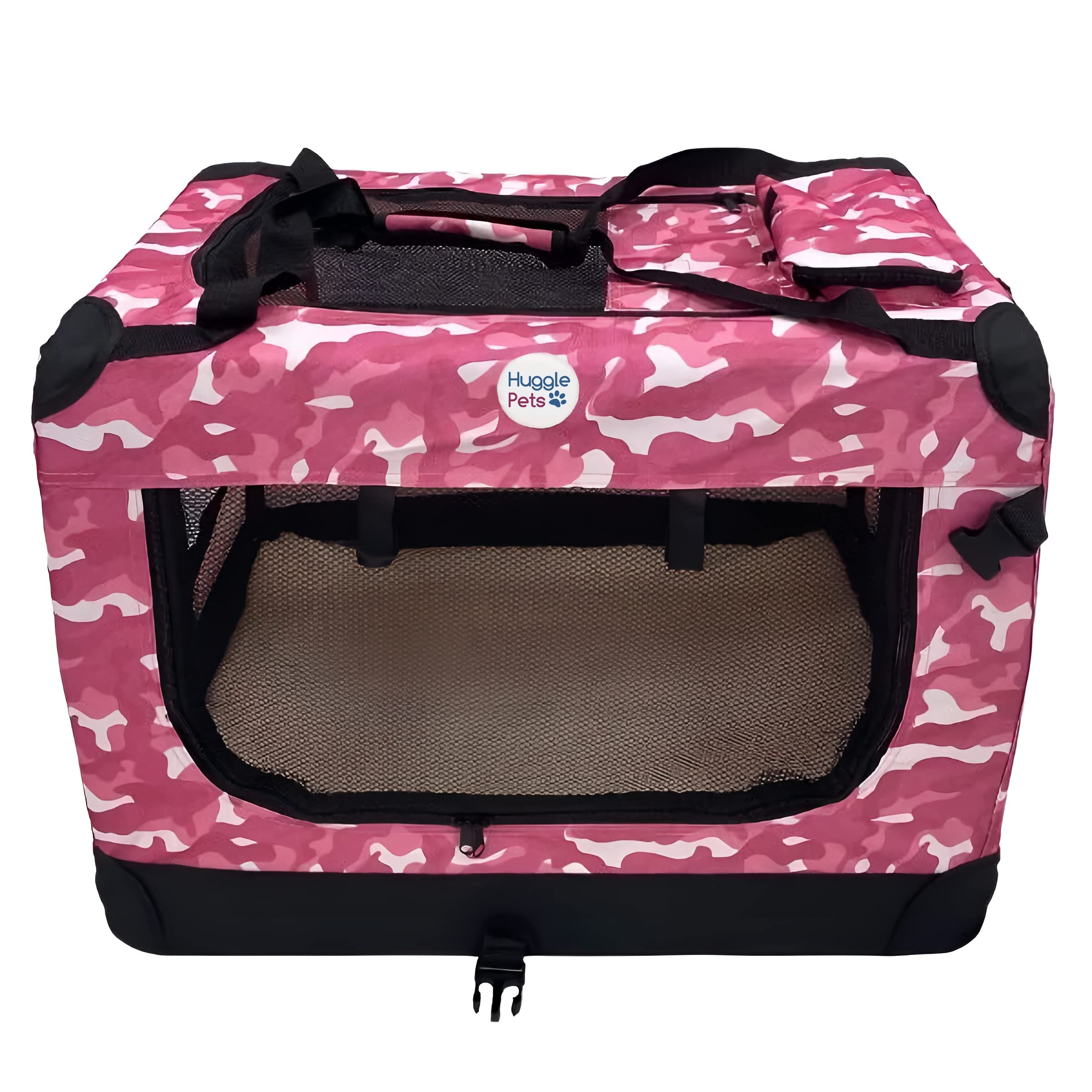 HugglePets Foldable Fabric Pet Crate Carrier - Pink Camo (Extra Large 82cm) Lightweight & Ventilated Double Door Carrier for Dogs & Cats with Sheepskin Mat. Ideal for Home & Travel.