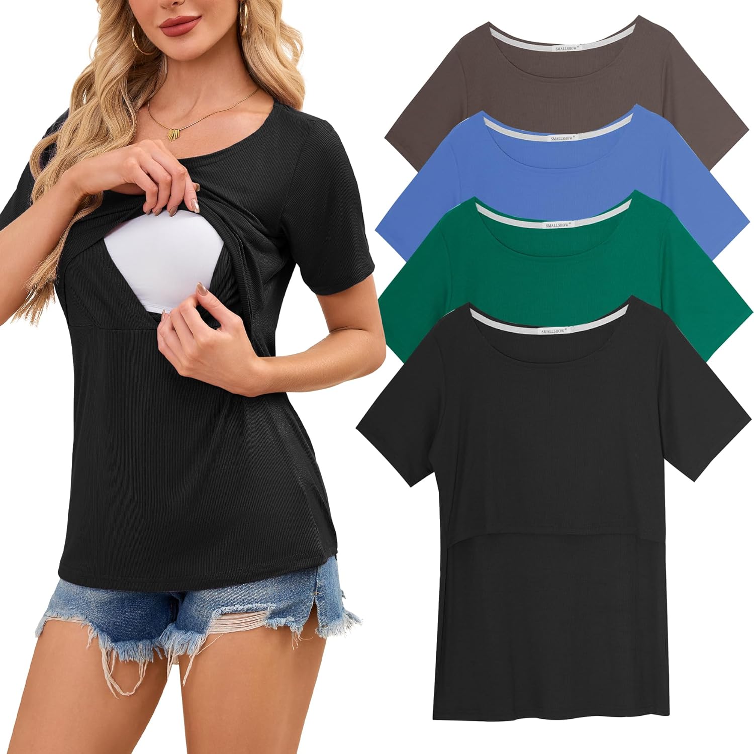 Smallshow Women's Nursing Tops Ribbed Short Sleeve Breastfeeding Shirts 4 Pack