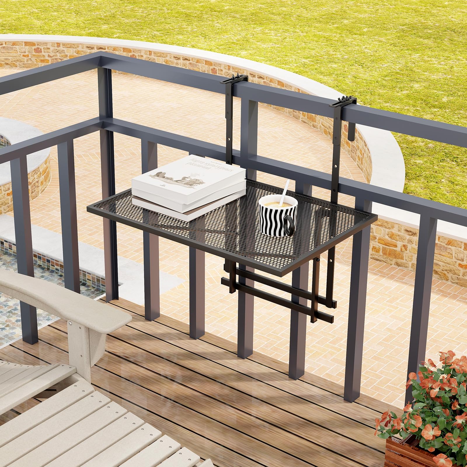 GIANTEX Mesa de Balcón Plegable, Mesa Auxiliar Metálica para Barandilla | 60,5x40,5x82,5cm, Mesita con 5 Alturas Ajustables, Marco de Metal, Tablero de Malla, para Terraza