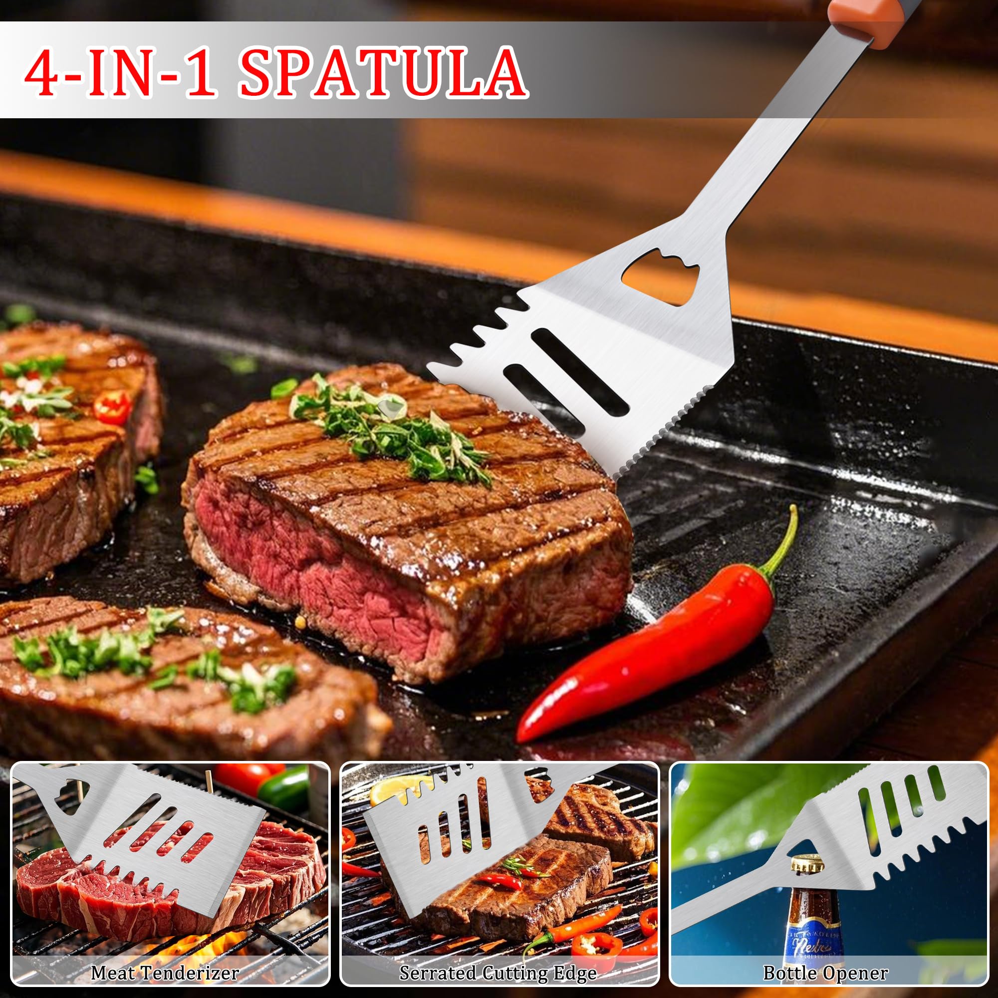 15 Stück Edelstahl BBQ Grillwerkzeuge Set, Premium BBQ Grillzubehör mit Haken & Aufbewahrungsschürze für Outdoor Grill, Kochen, Camping, Vatertag Grillen Geschenke für Männer Papa