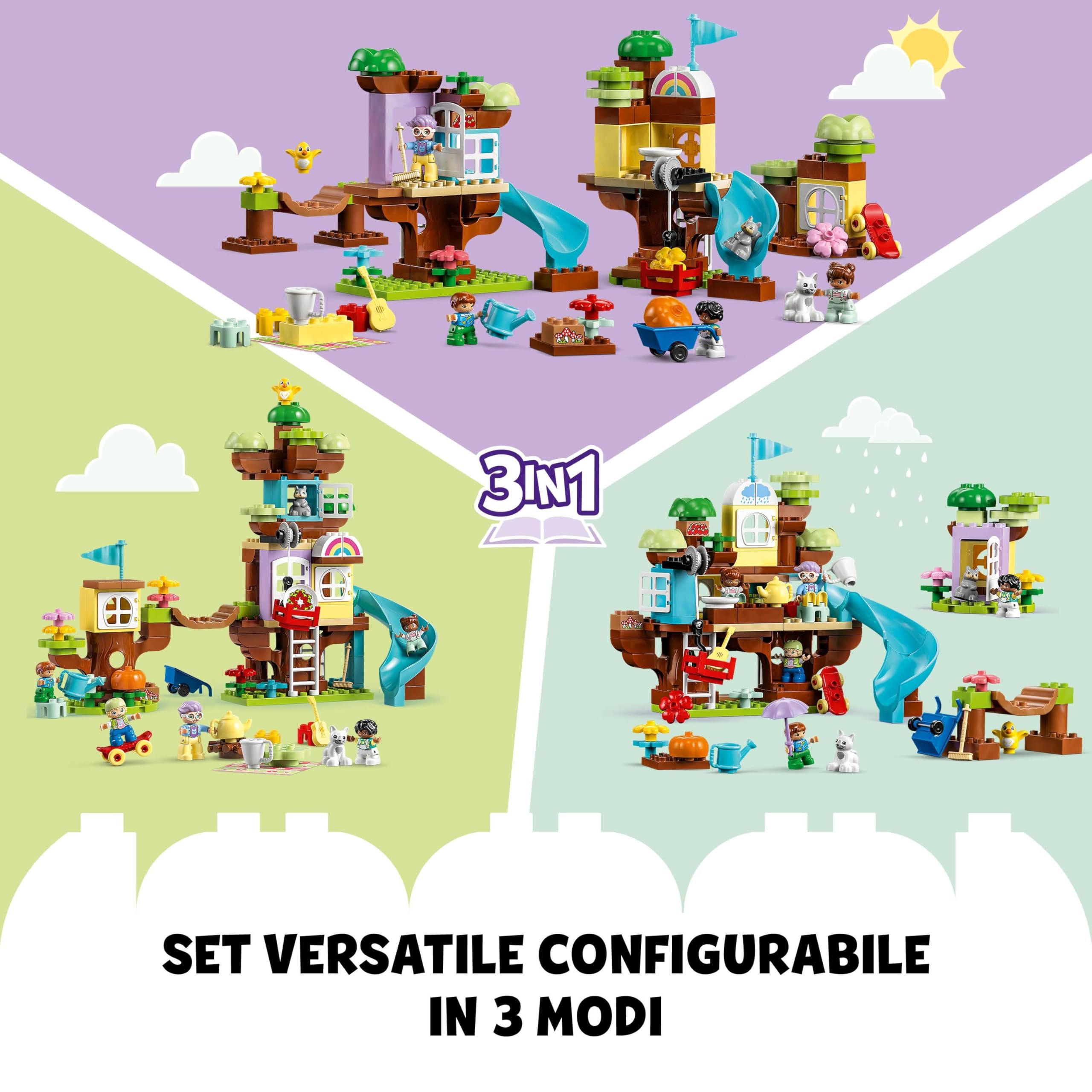 LEGO 10993 DUPLO Casa sull’Albero 3 in 1, Giochi per Bambini, Bambine dai 3 Anni in su, Attività Didattiche con 4 Figure della Famiglia, Animali Giocattolo, Mattoncini e uno Scivolo