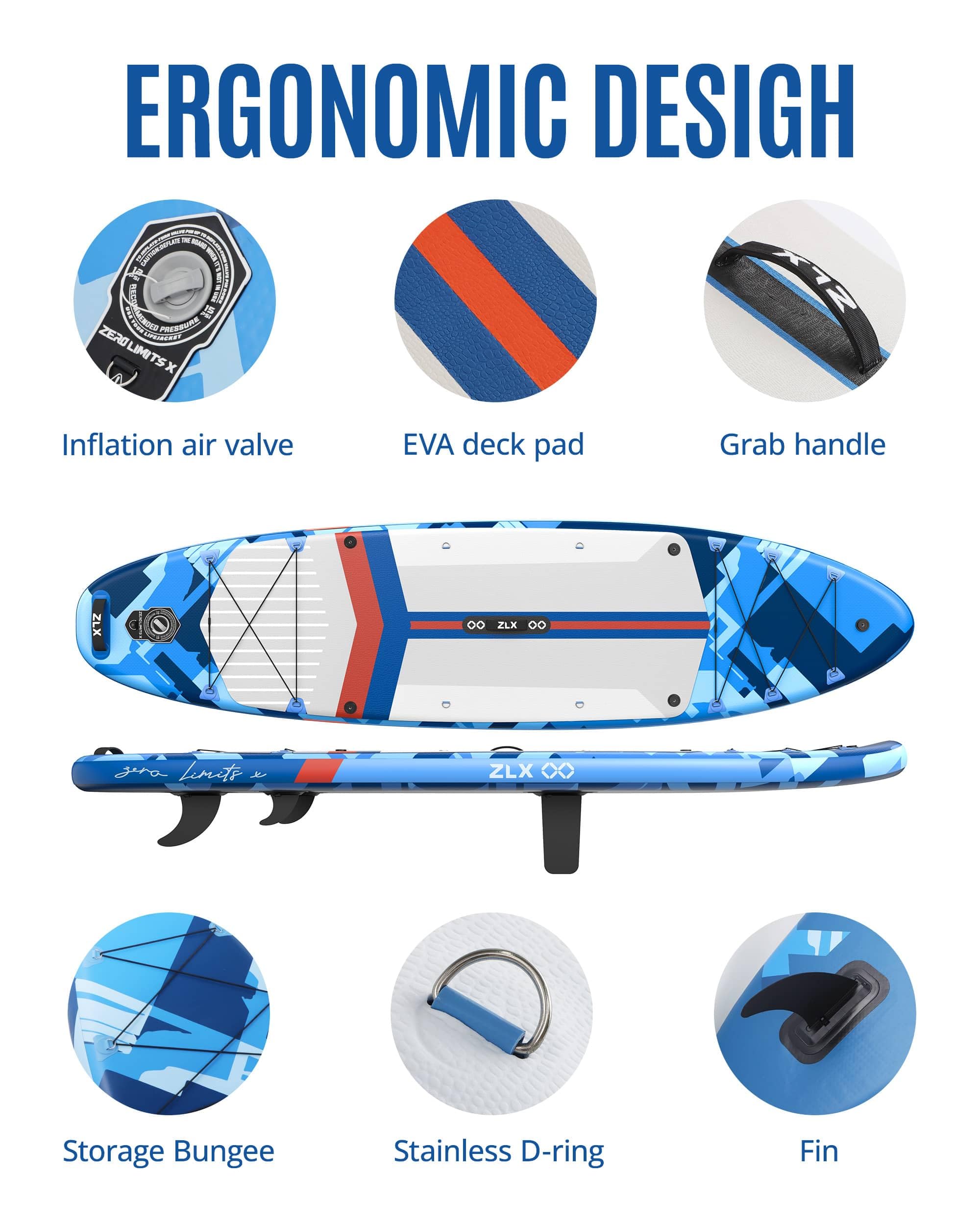 ZLX 350 CM Gonfiabile Stand Up Paddle Board Perfetto per tutti i livelli di abilità, adulti e giovani Ampio design stabile, copertura antiscivolo, pagaia regolabile, guinzaglio di sicurezza e borsa