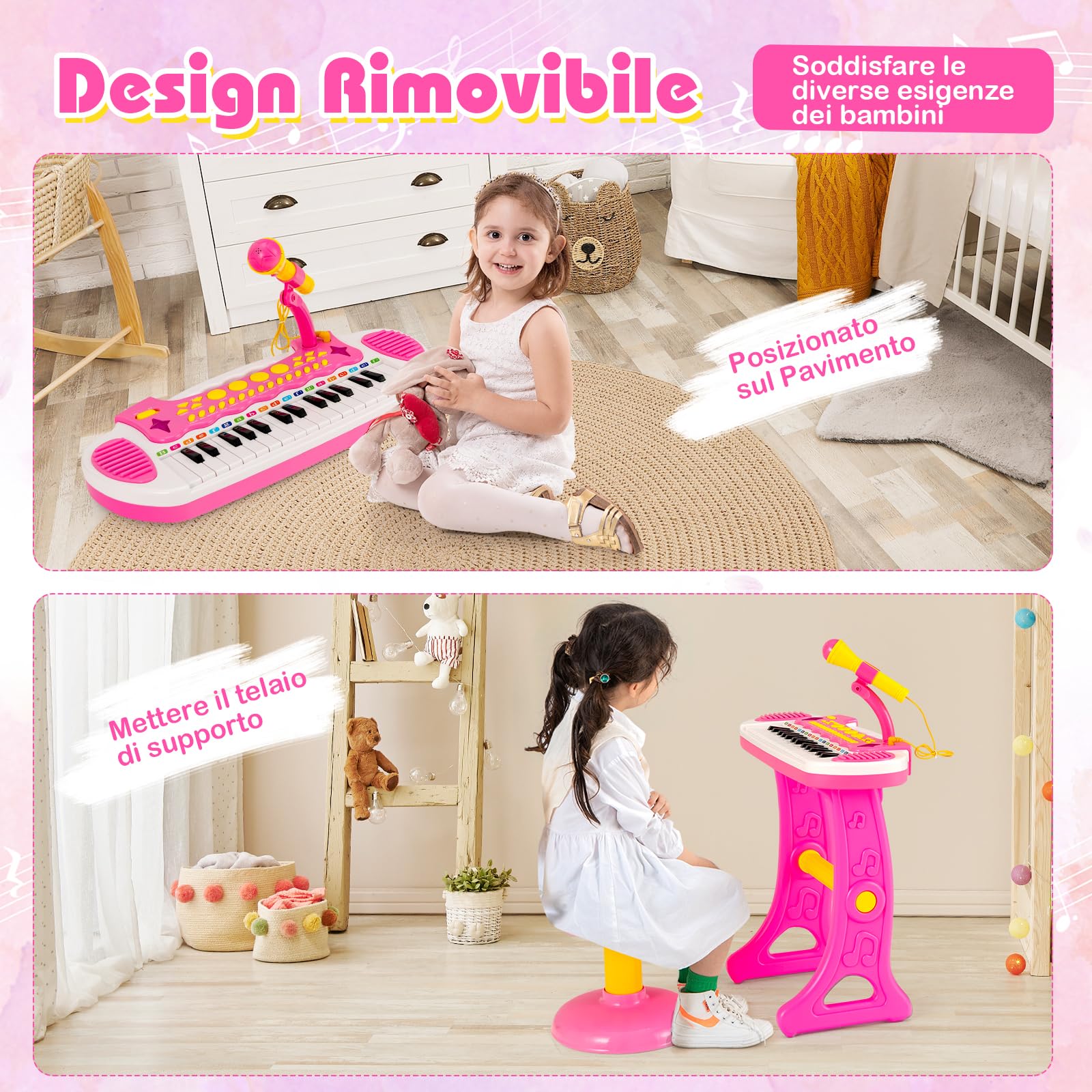 GYMAX Pianoforte Elettronico Giocattolo con Sgabello e Microfono, Tastiera da Pianoforte a 31 Tasti per Bambini, 22 Demo, 3+ anni, 45 x 23 x 45 cm (ROSA)