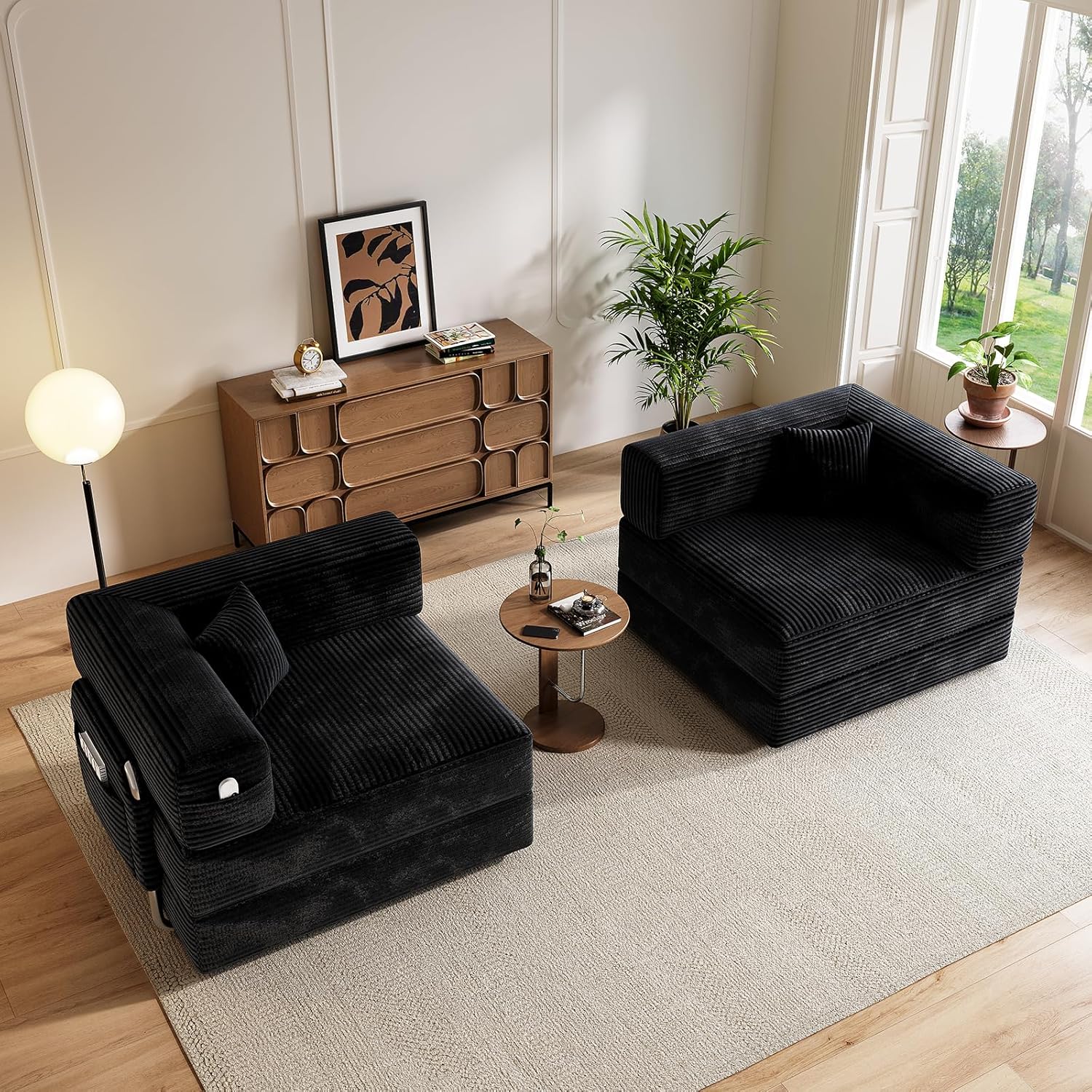 78" Convertible Sofa Bed, Modular Corduroy Loveseat Couch with Fixed Frame and 2 Pillows, 5-in-1 Foldable Floor Sleeper Sofa for Small Spaces, Living Room, Apartment, Dorm – No Assembly Needed, Black