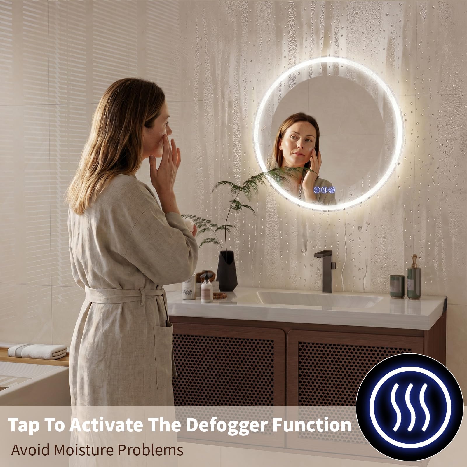 Koonmi runder LED Badspiegel 60 cm, dimmbar | Wandspiegel mit 3 Lichtfarben, Antibeschlagfunktion und bruchsicherem Glas für Badezimmer und Waschtisch