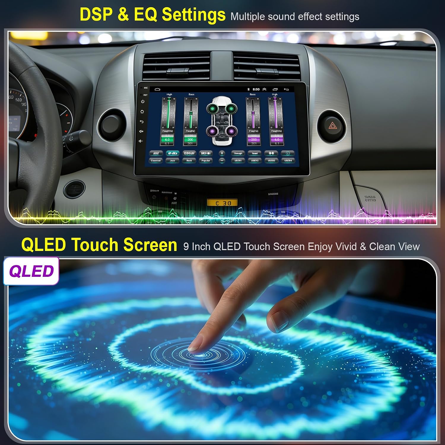 (8Core + Android 15) Car Radio Stereo for Toyota RAV4 2007-2012,9 Inch QLED Touch Screen with Wireless Carplay&Android Auto&Mirrolink,GPS Navigation&FM Radio,Backup Camera & SWC