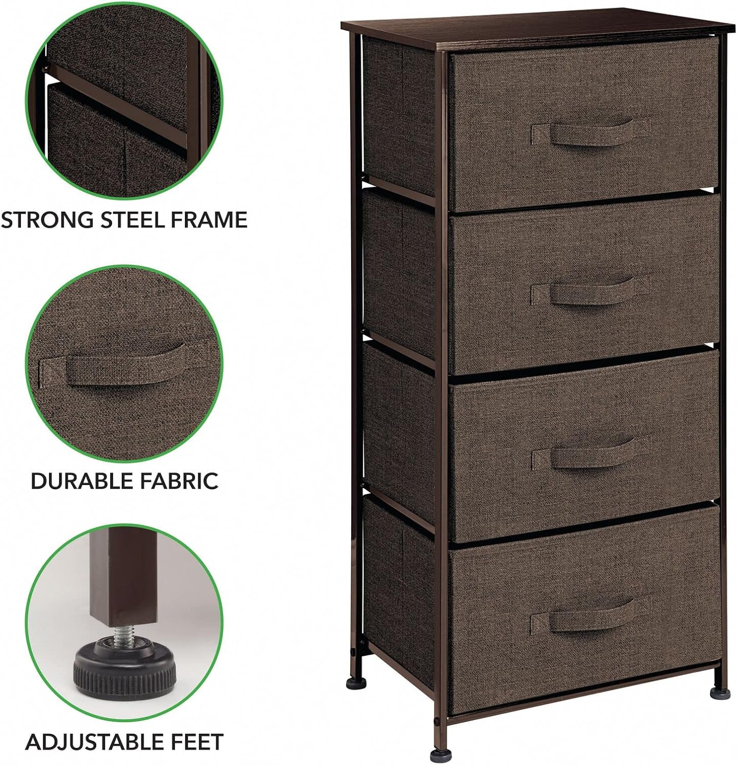 Close-up of dresser features including strong steel frame, durable fabric, and adjustable feet