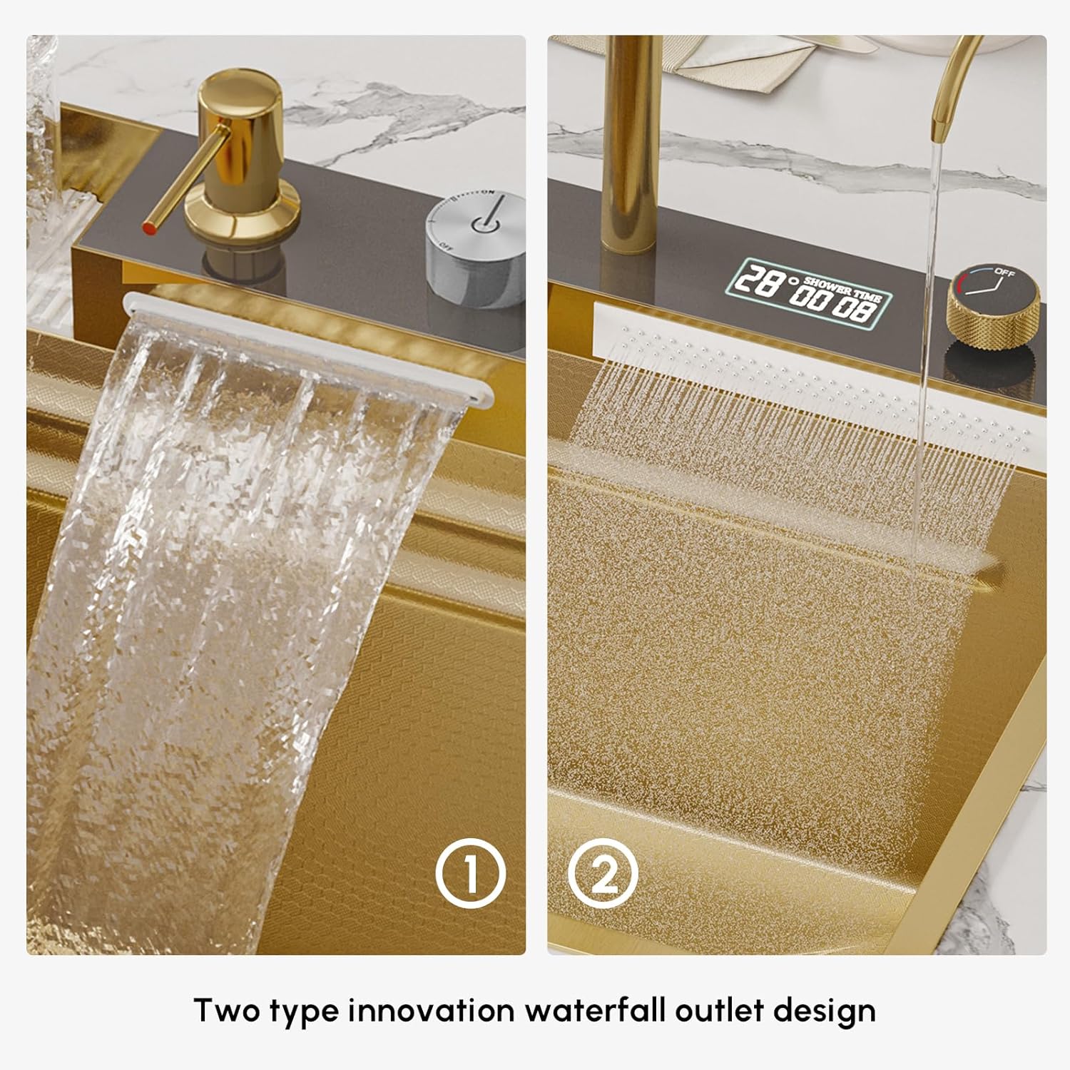 An aerial view of the homary Multifunction Kitchen Sink, highlighting its various functional zones: a cutting area with a wooden chopping board, a draining area with a waterfall spout, and a storage area with a basin-in-basin for serving food, all integrated into the sink design.