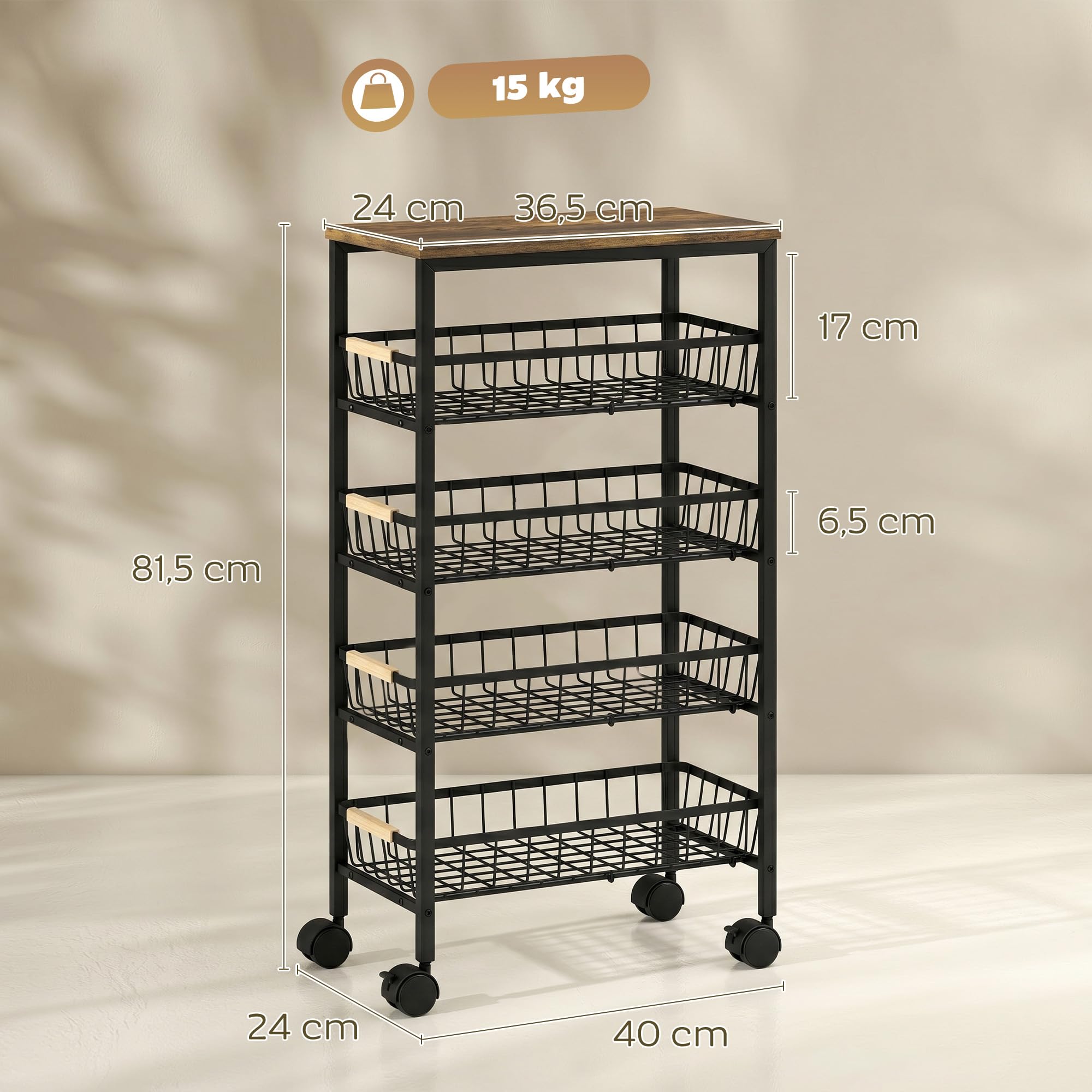 HOMCOM Carrito Auxiliar con Ruedas 4 Cestas Extraíbles 15 kg Marrón Rústico | Carrito de Cocina, Marco Metálico, Tiradores de Madera, para Comedor, Sala de Estar, Baño, 40x24x81,5 cm