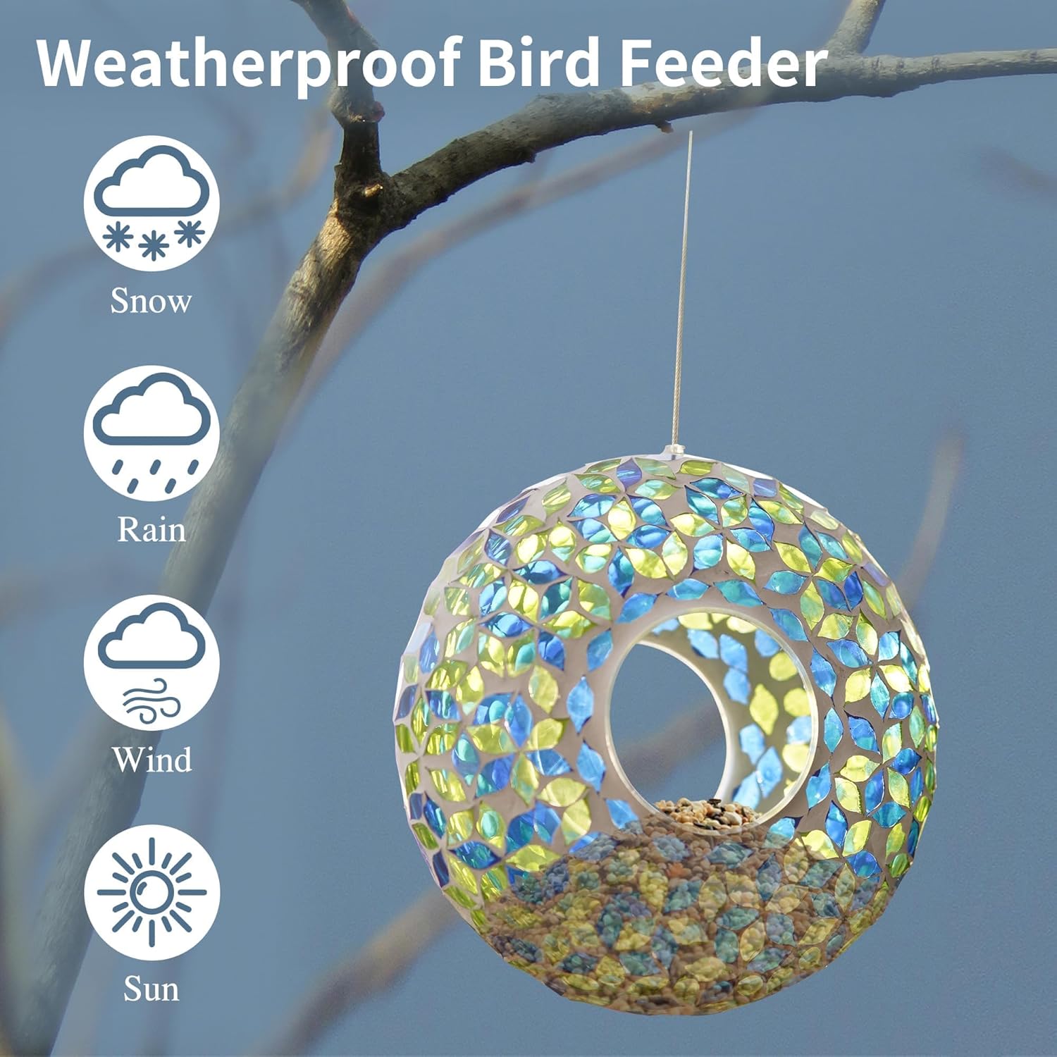 DUSVALLY 9 Inch Fly Through Bird Feeder for Wild Birds, Colored Glass Mosaic Outdoor Hanging Feeder - Squirrel Proof Design, Easy Clean, Weather Resistant for Garden Patio Hummingbirds Finches