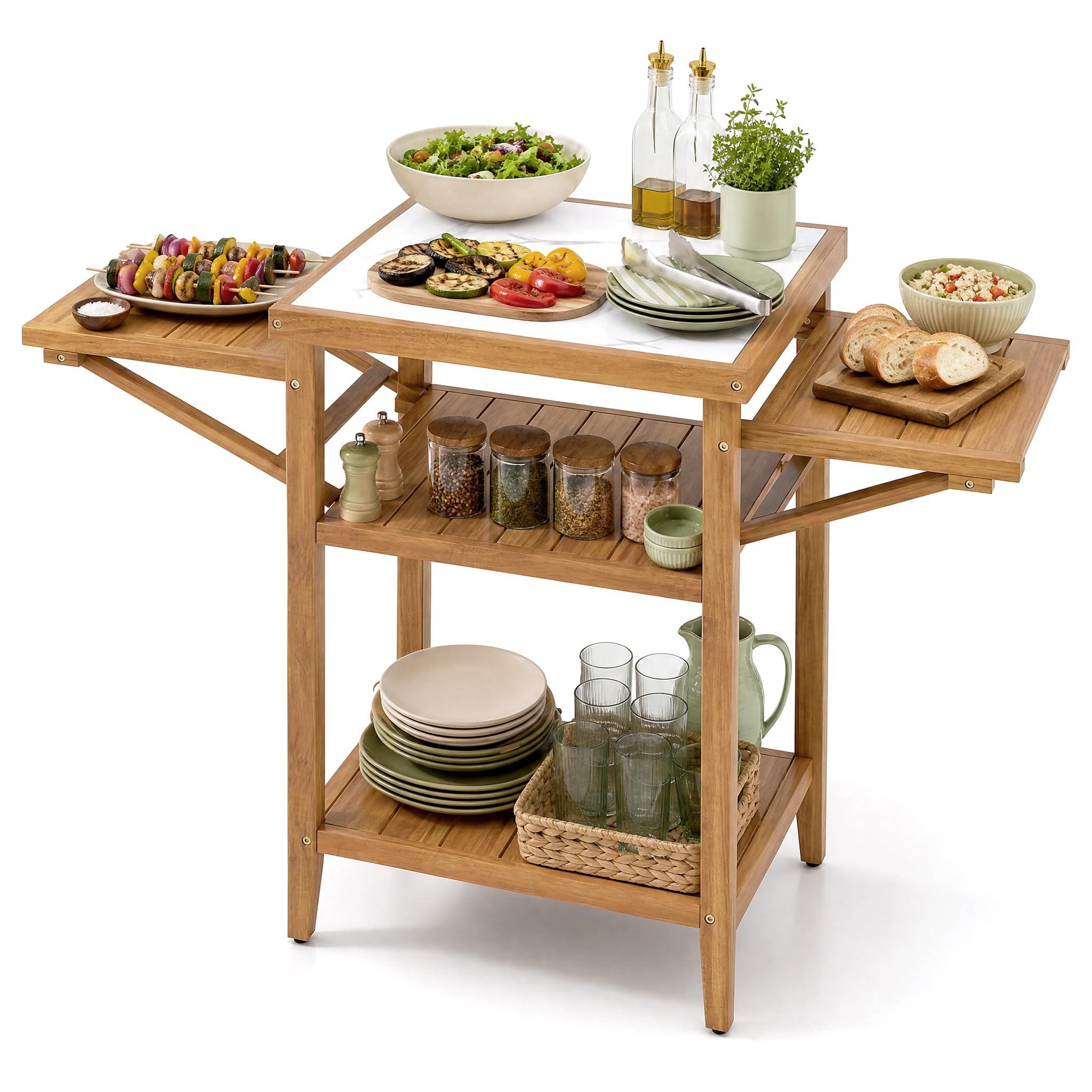 Giantex Mesa de Barbacoa de Exterior, Mesa de Parrilla de Madera de Acacia | 124,5x60x89,5cm, Mesa de Madera Acacia, Tablero con Diseño de Imitación de Mármol, Estantes de Listones, para Jardín, Terraza