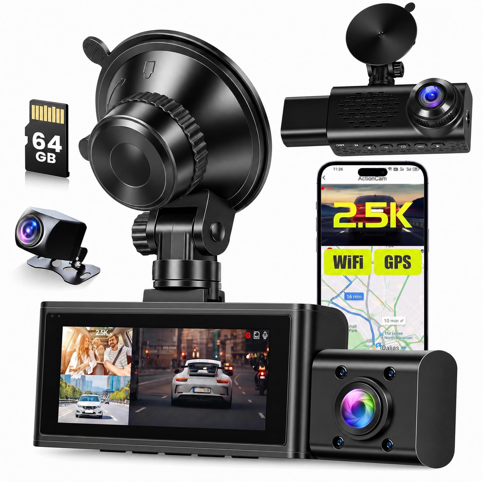 Inefala Dash Cam 3 Canaux 2,5K GPS IPS 3,16" Carte 64 Go