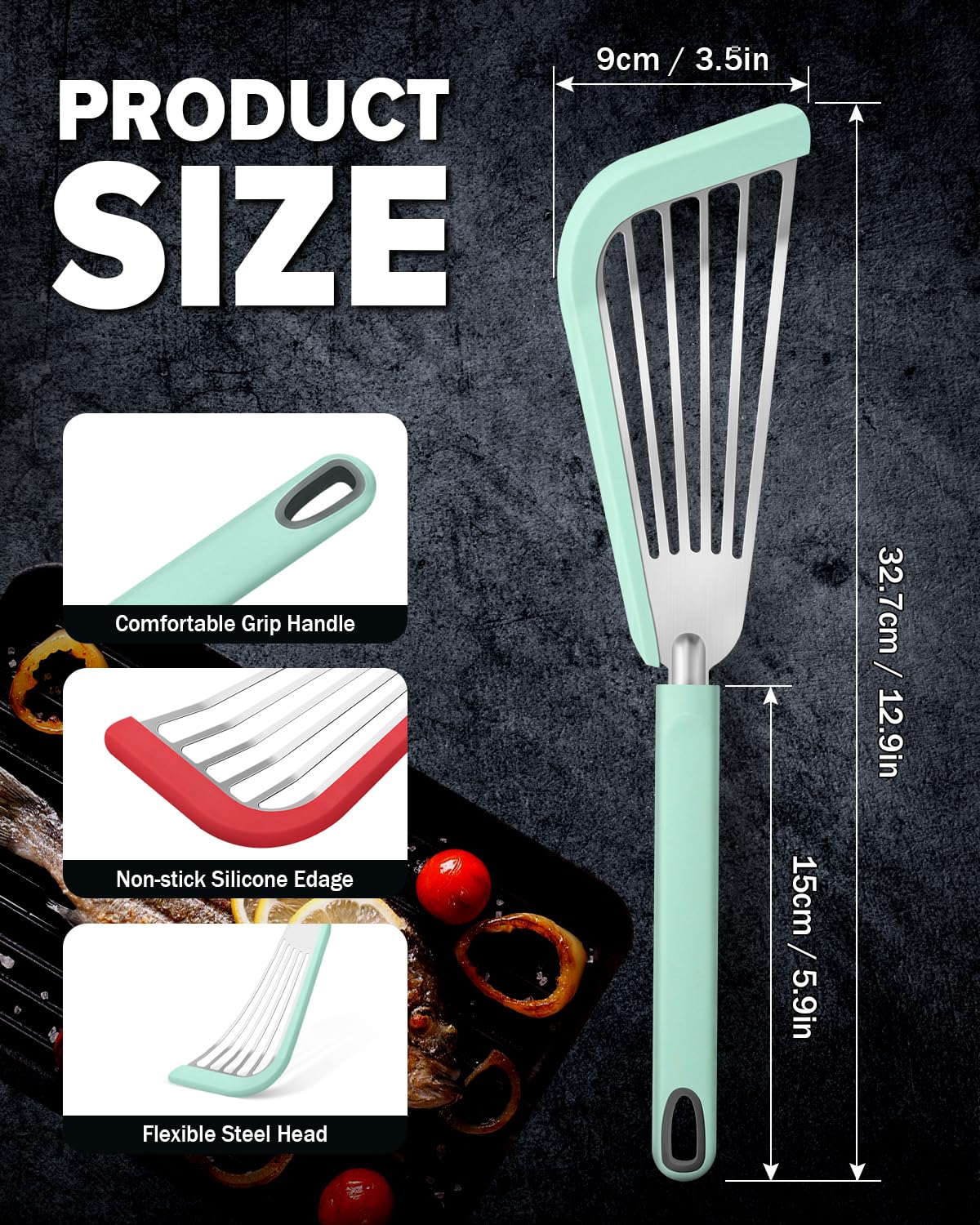 Juego de 2 espátulas de silicona para pescado, espátulas ranuradas finas para utensilios de cocina antiadherentes, resistentes al calor, flexibles, de acero inoxidable, para cocina, pescado, huevo,