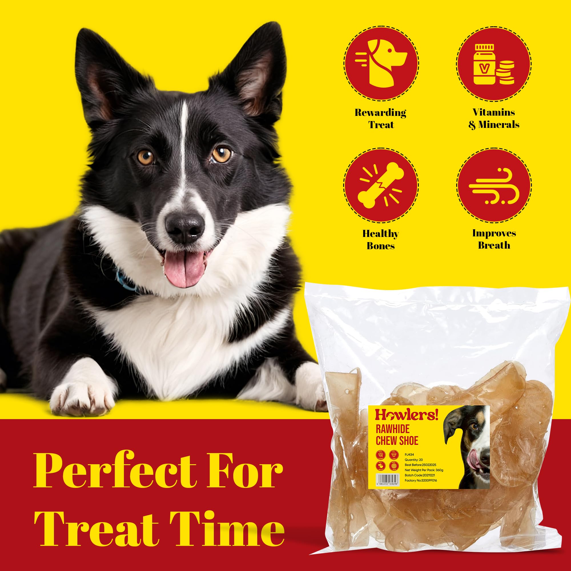HOWLERS 12.5cm Pack de 20 Zapatos Masticables Naturales para Perros | Zapatos de Rawhide Hechos con 100% Piel Natural | Masticables de Larga Duración para Perros