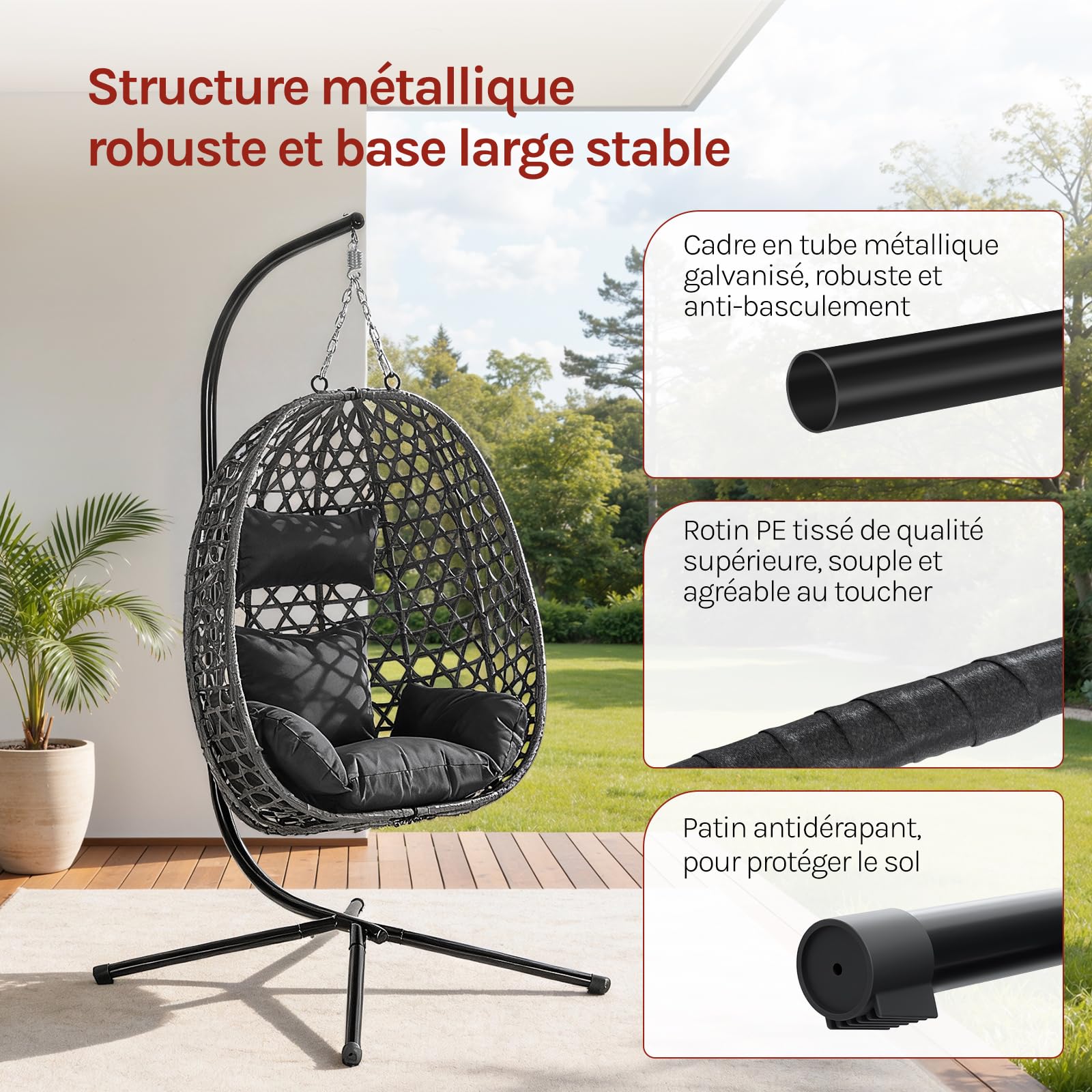 WOLTU Fauteuil Œuf Suspendu, Chaise Hamac Balançoire, avec Support en Métal, Coussin de Siège et Appui-tête, Charge 150 kg, Rotin PE, pour Jardin, Balcon, Terrasse, 102x100x196cm, Noir