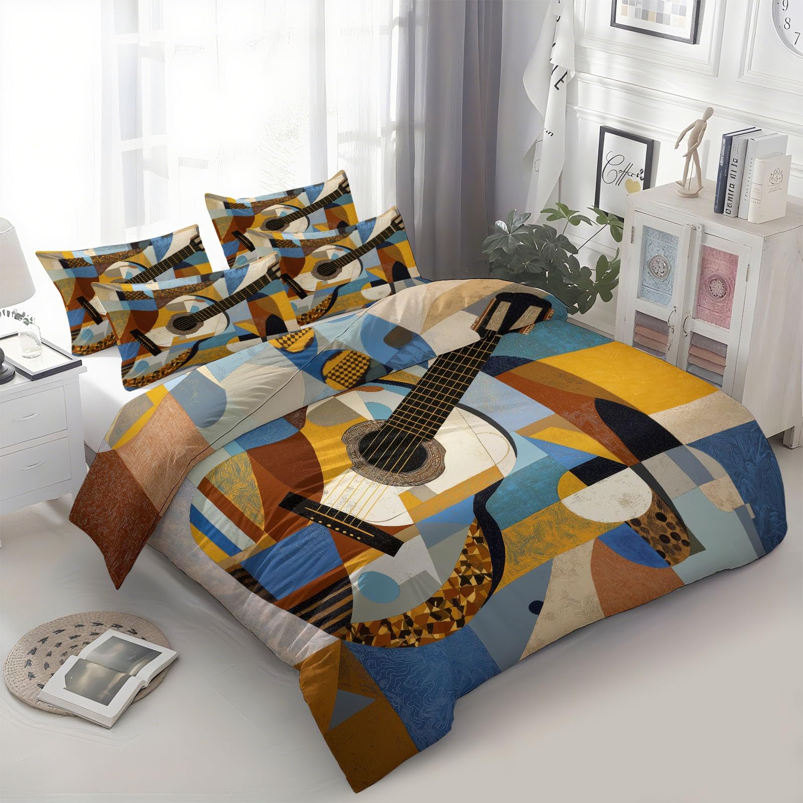 Poszwa na kołdrę dla chłopców i dziewczynek, miękka mikrofibra, 240 x 220 cm, dwustronna, abstrakcyjna, gitara, geometria, sztuka, 3-częściowy zestaw z 2 poszewkami na poduszki, do sypialni, dekoracja