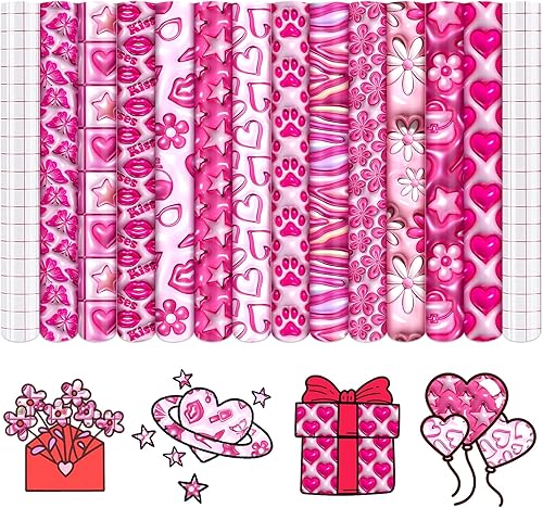 HTVSTD Pink 3D Inflated Permanent Vinyl - 12 Sheets 12"x10" Valentines Permanent Adhesive Vinyl Pink Hearts Patterned Self Adhesive Vinyl Compatible
