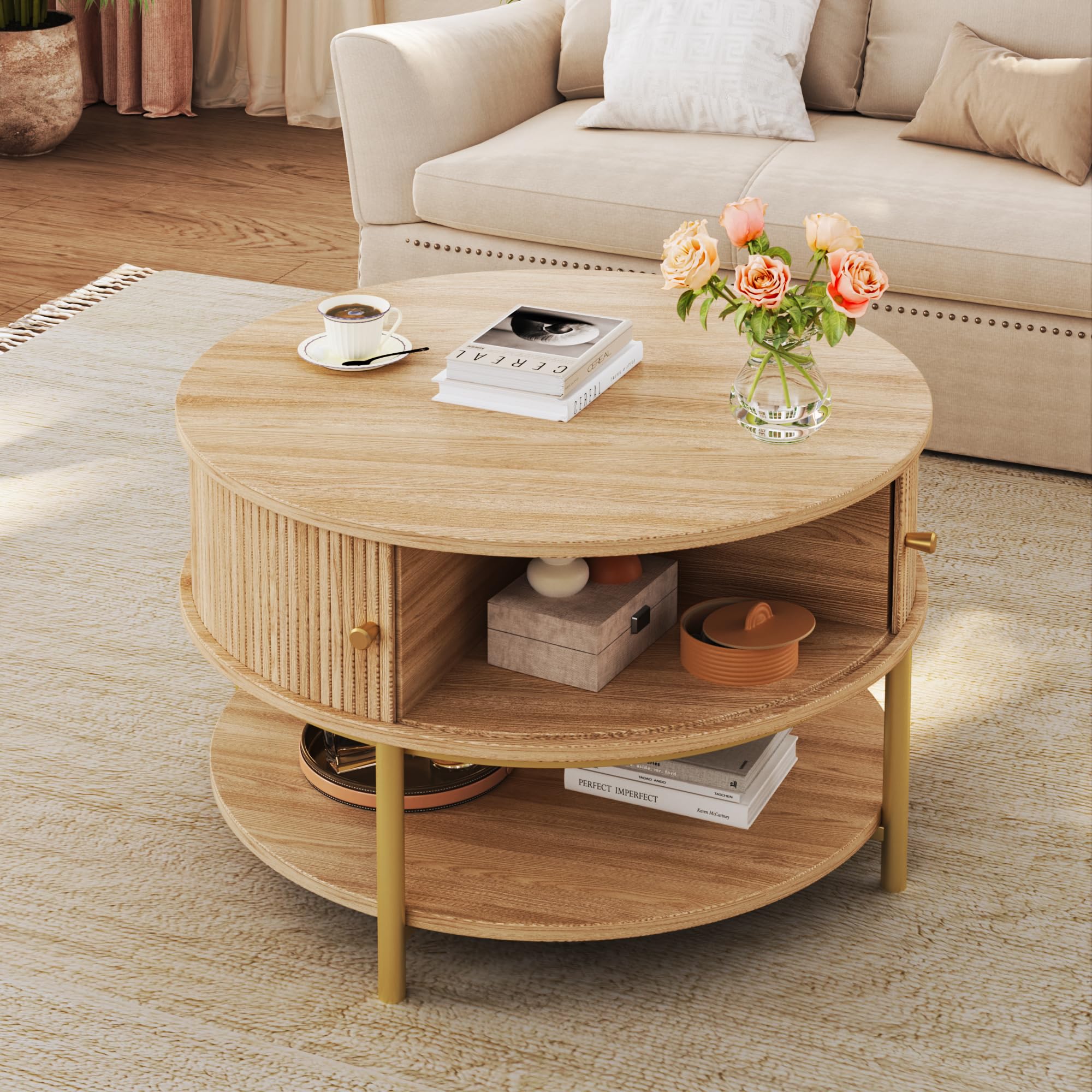 23.6" Round Coffee Table with Storage, 3-Tier Small Round Coffee Table with Sliding Cabinet Door & Round Metal Legs, Mid Century Modern Coffee Tables for Living Room, Oak