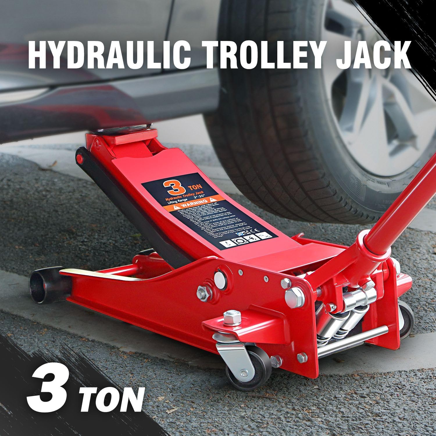 DNA Motoring Low Profile Hydraulic Trolley Service/Floor Jack, 3 Ton (6000 lbs) Capacity Heavy Duty Hydraulic Car Jack, Lifting Range 3"-20", TOOLS-00475-RD