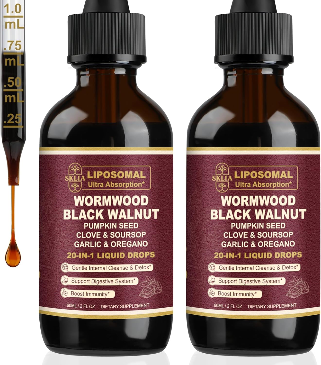 20-in-1 Liposomal Wormwood Black Walnut Cleanse for Humans Drops Liquid – Rapid Gut Cleanse & Digestive Support with Clove, Berberine, Garlic, Soursop, Slippery Elm, Oregano | Fast-Absorbing 2P