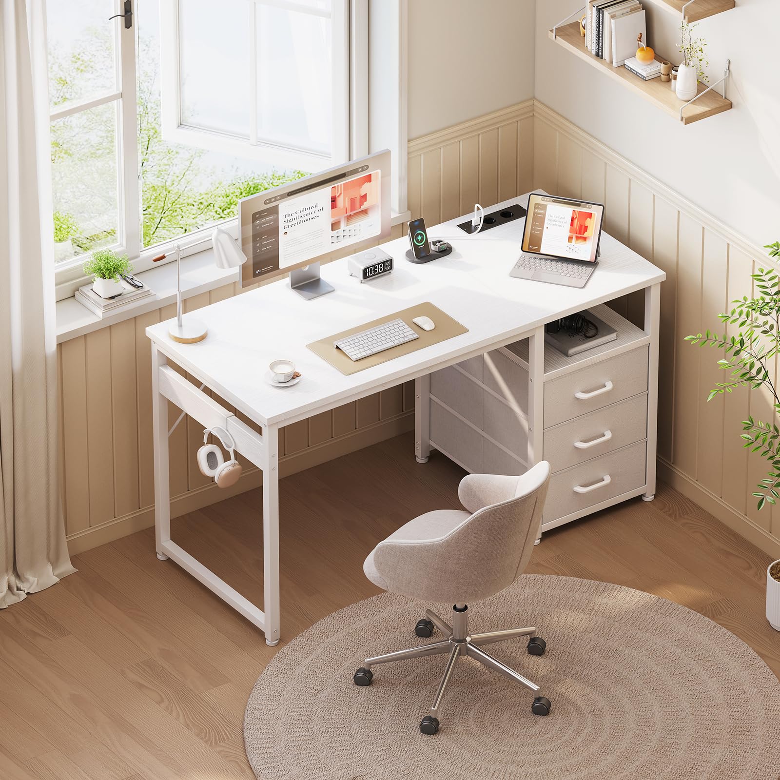 ODK Kleiner Schreibtisch mit 3 Schubladen aus Stoff, 100x48x75,5 cm Computertisch mit 2 Steckdosen und USB-Anschlüssen, Umkehrbarer PC-Schreibtisch Bürotisch für kleines Home Office, Weiß