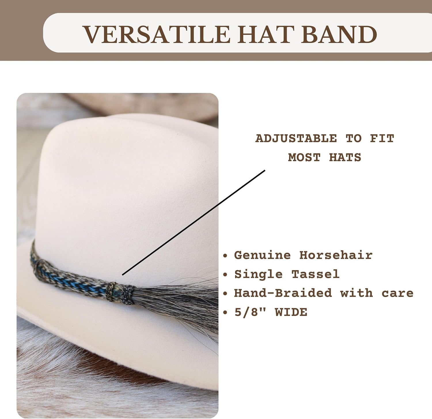 Caleb Western Horsehair Hat Band for Cowboy Hats – Adjustable Braided Hat Accessory – Handmade with Genuine Horsehair – Brown and Blue - Image 4