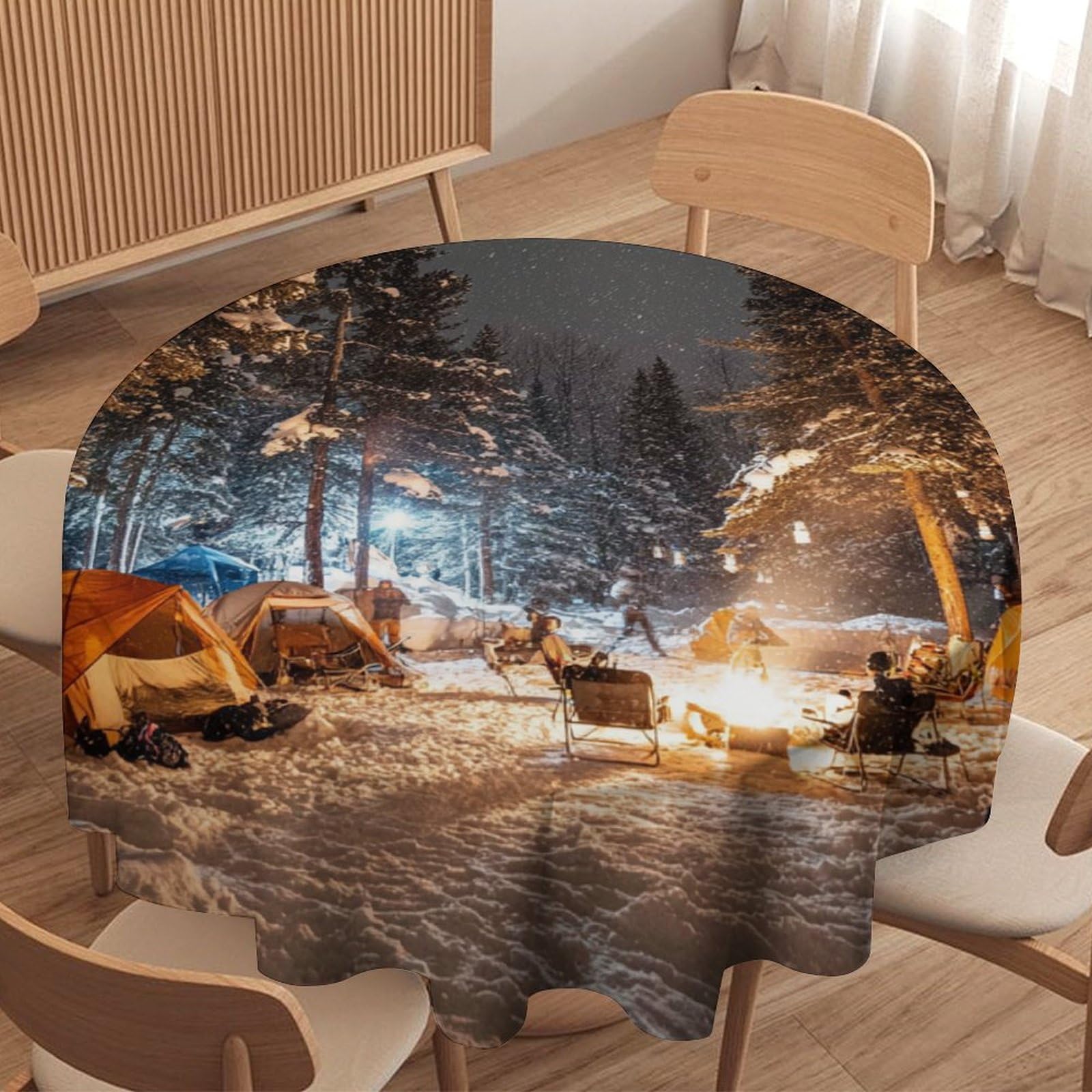 LUYYSKY Modern Classic Winter Camping Waterproof Round Tablecloth Funny Watercolor Snowy Forest Campfire Tent Pattern Washable Table Cover for Kitchen-152.4" Wx152.4 L cm