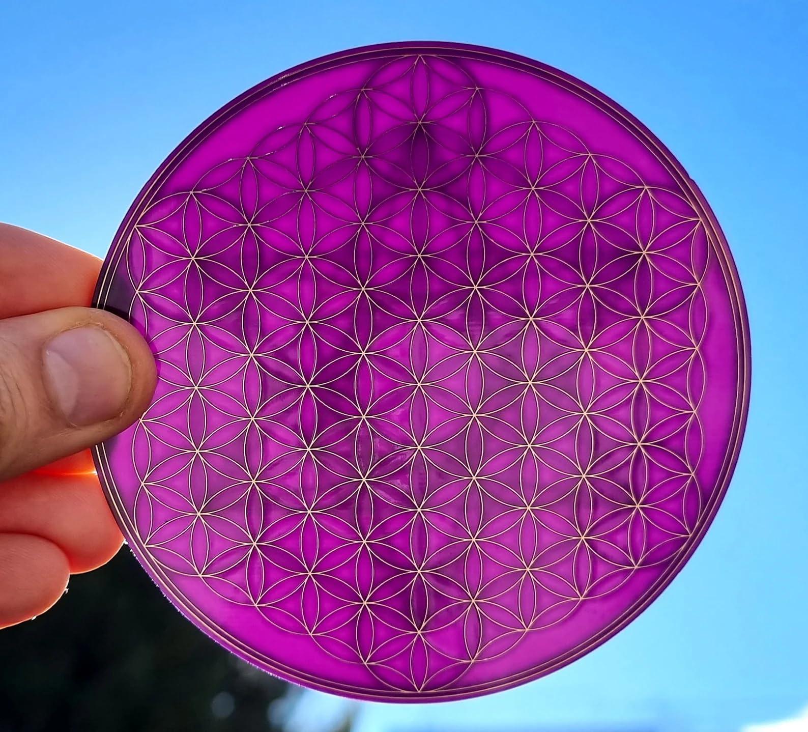 Disque Cube de Metatron et fleur de vie - Disque 10 cm protection et dynamisation à 2 faces cuivre plaqué or, émetteur passif d'ondes scalaires - Disque héliquantix