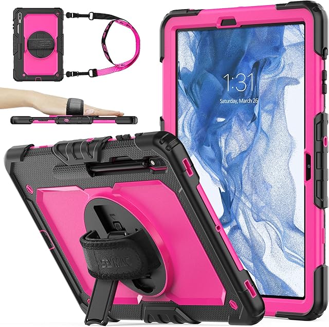 SEYMAC stock Case for Samsung Galaxy Tab S8 Plus/ S7 FE/ S7 Plus 12.4'' with Screen Protector Pen Holder [360 Rotating Hand Strap]& Stand, Drop-Proof Case for Galaxy Tab S8 Plus 2022/ S7 FE 2021, Rose