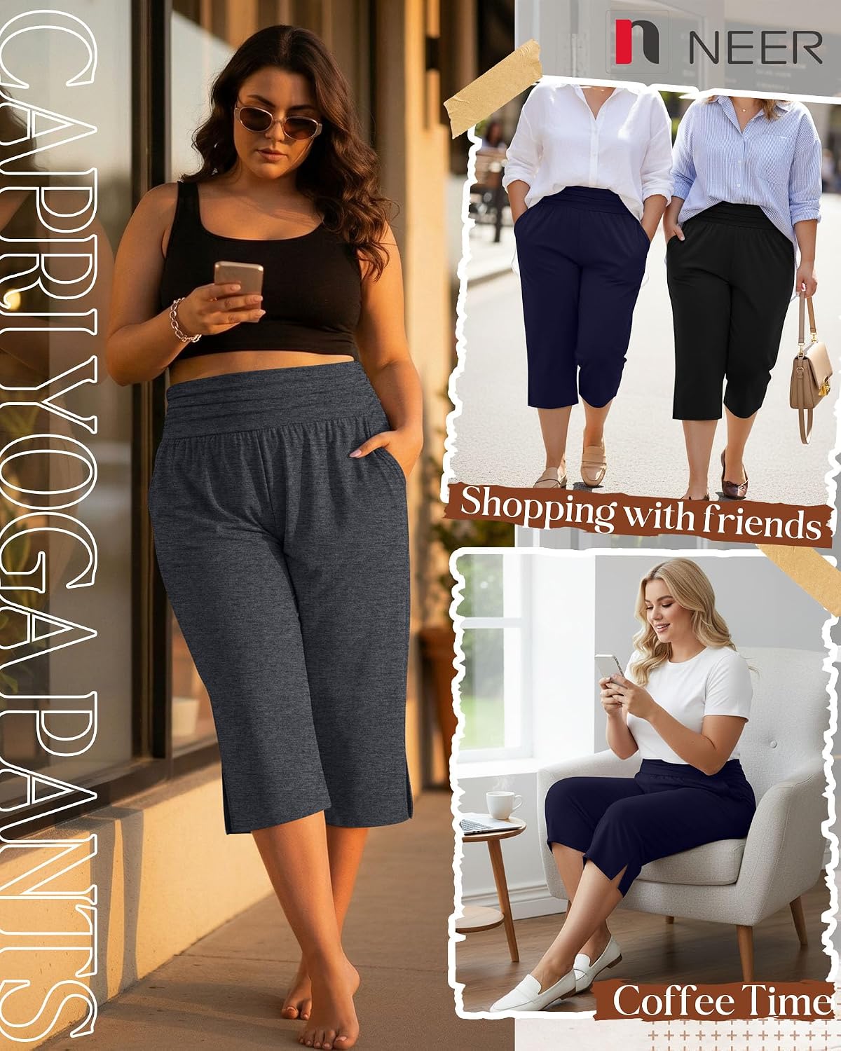 Neer 3 Pack Women's Plus Size Cotton Capri Pants High Waisted Wide Leg Loose Lounge Yoga Cropped Sweatpants with Pockets