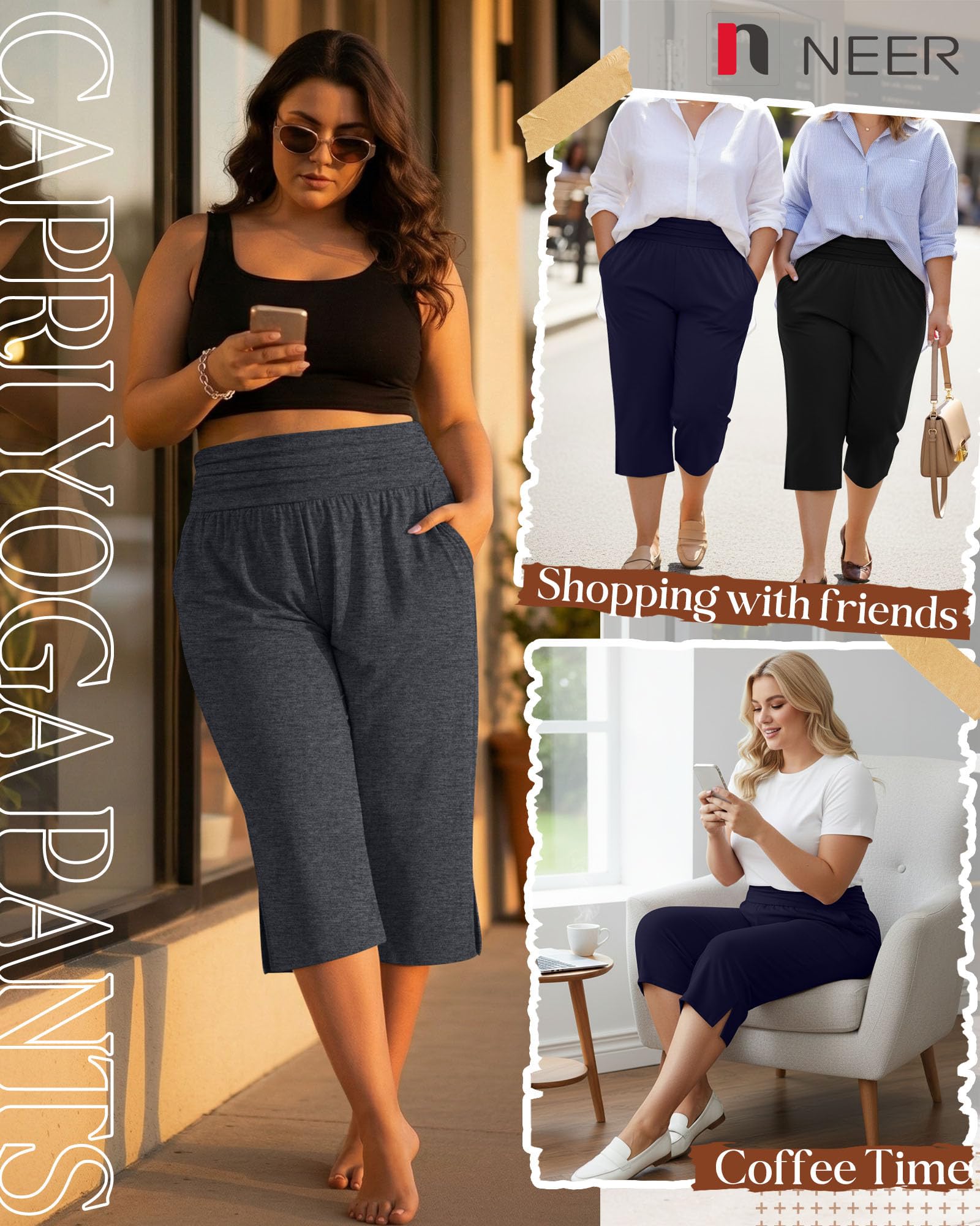 Neer Lot de 3 pantalons capri en coton taille haute pour femme avec poches, Noir, gris foncé, bleu marine, Taille 3XL