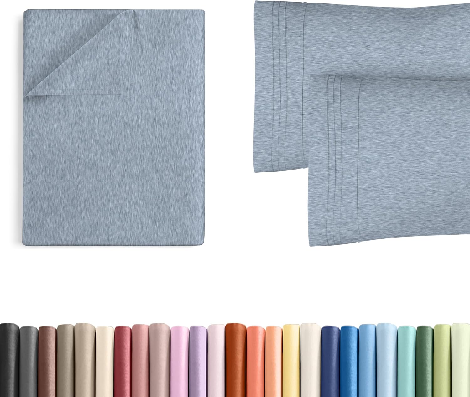 Cal King Size Flat Bed Sheet + 2 Pillowcases Bundle - Hotel Luxury Single Flat Bottom Sheet Only - Fits Mattresses w/ Deep Pockets between 8 to 16 inches - Breathable and Wrinkle Free - Heathered Blue