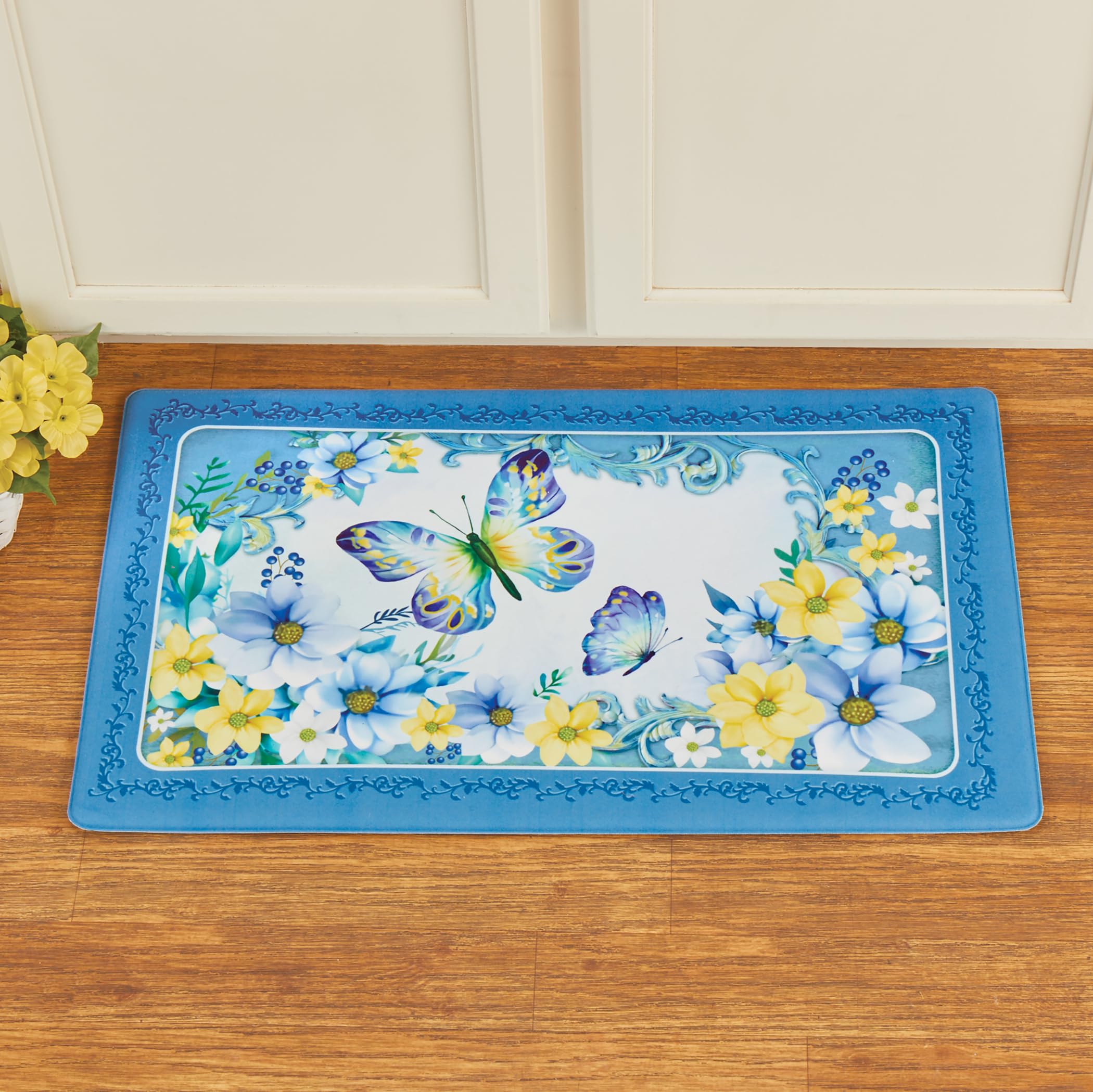 Collections Etc Blue Butterfly and Floral Anti-Fatigue Kitchen Mat