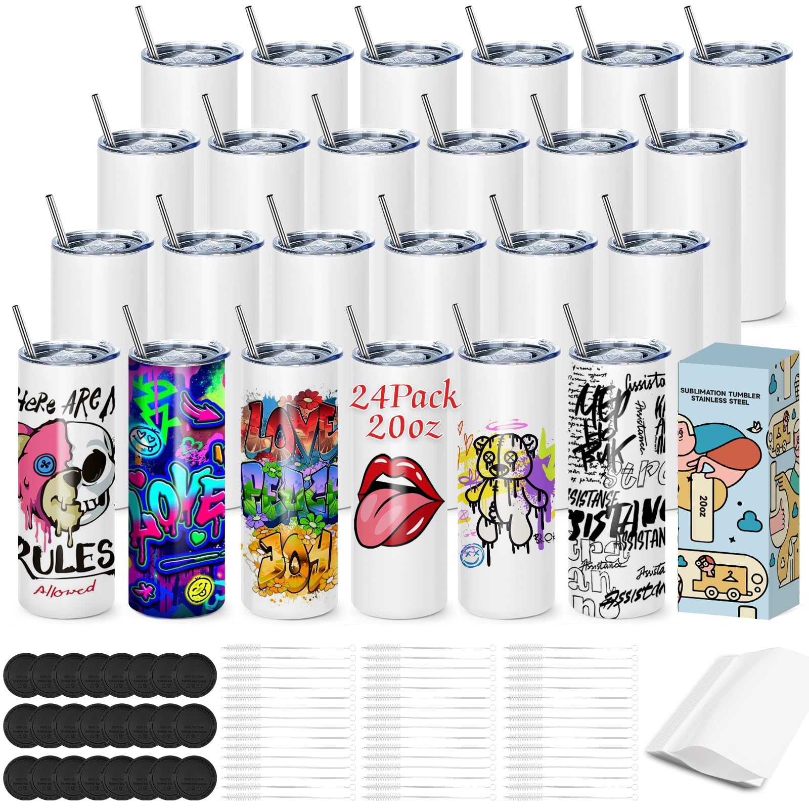 20OZ Sublimation Cup, Set of 24 Sublimation Blanks Skinny Tumbler 20 OZ White Straight Bulk Stainless Steel Tumbler, with Lid and Straw, Shrink Wrap, Individually Boxed, Blank White（24PCS）