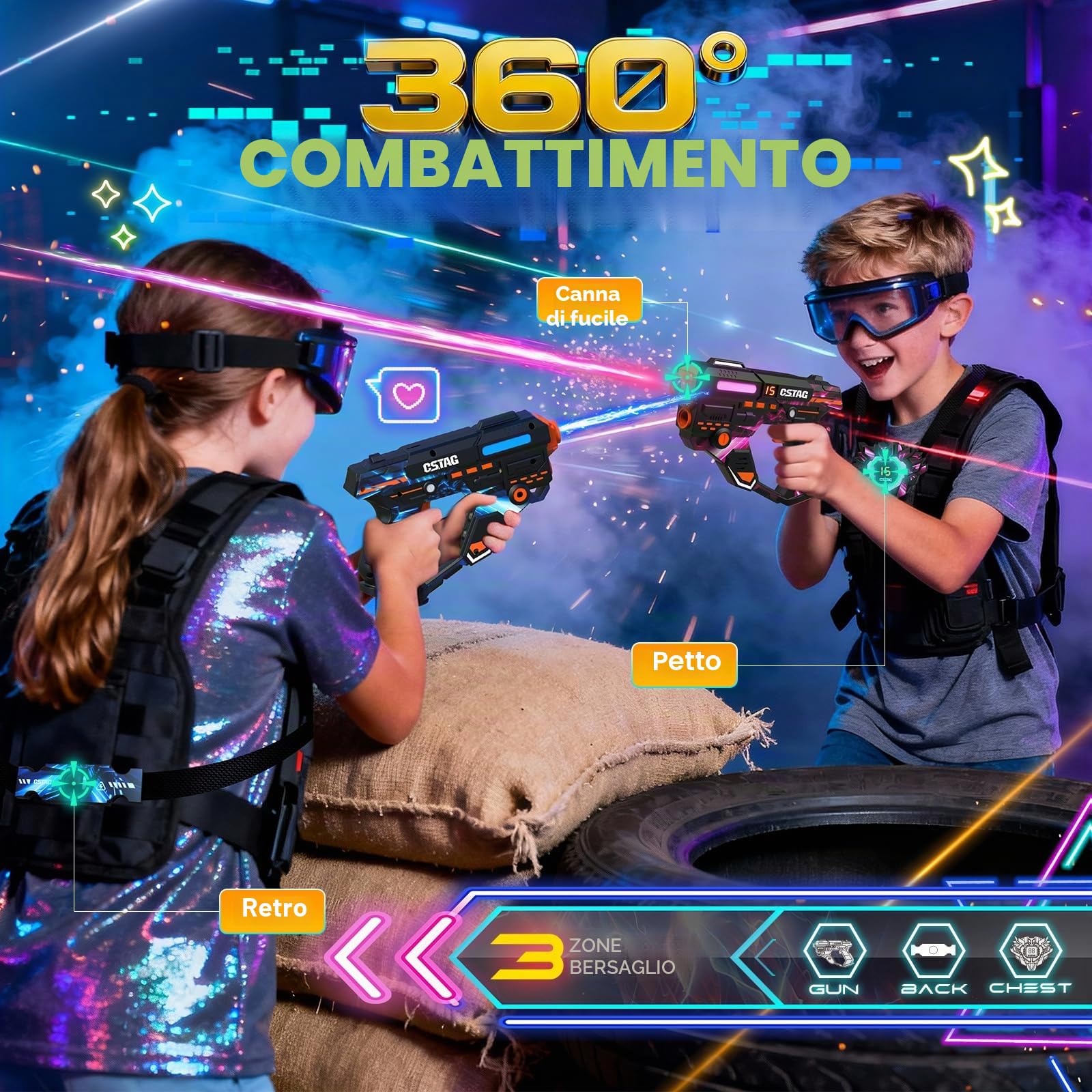 VATOS Set Laser Tag Ricaricabile con Sensori a 360° per 4 Giocatori, 2,4 GHz Infrarossi Visualizzazione Dati in Tempo Reale, Gioco per Famiglie e Gruppi per Bambini e Adolescenti, Regali per Bambini