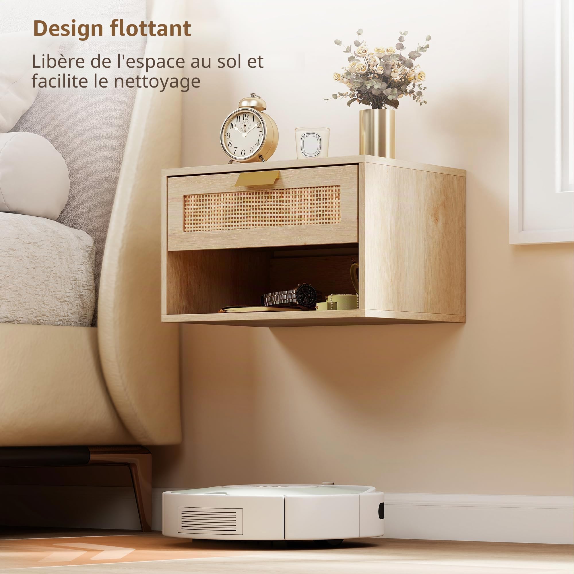 HOMCOM Table de Chevet Murale Flottante avec tiroir Lot de 2 chêne