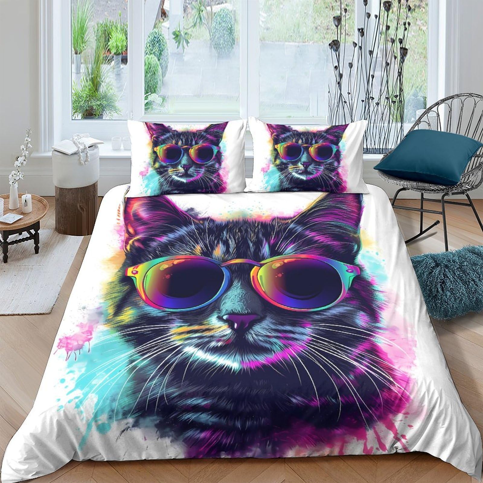 Ctjqhvkz Style-9 3D Printed Cool Cat Fitted Sheet Microfiber Soft Colourful Sunglasses Bed Cover For Bedroom Guest Room Decor Single（135X200cm）