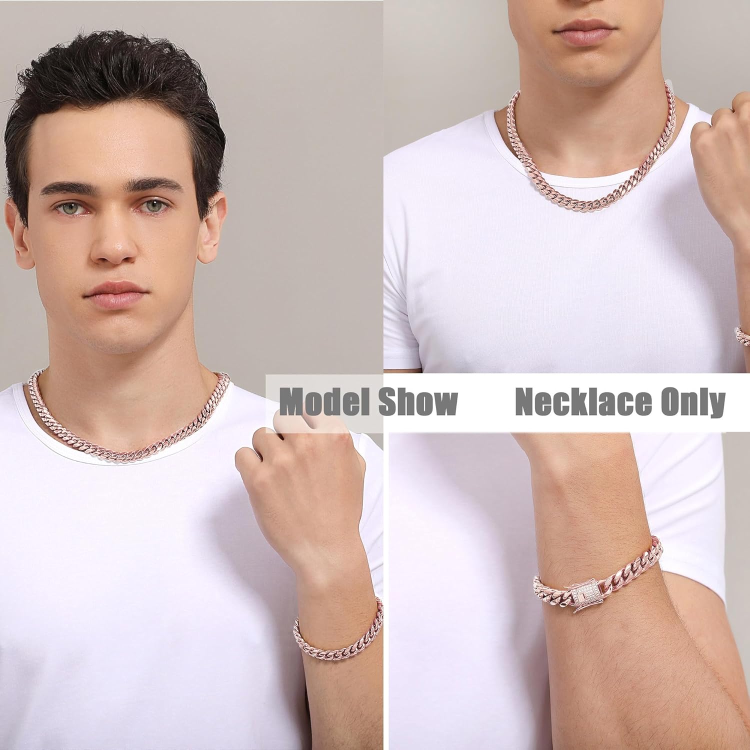 Cuban Link Chain Necklace or Bracelet with Bling Bling Cubic Zirconia Iced-Out Clasp for Men 10mm/14MM Rose Gold Stainless Steel Hip Hop Miami Curb Chains 7.5-30 inch