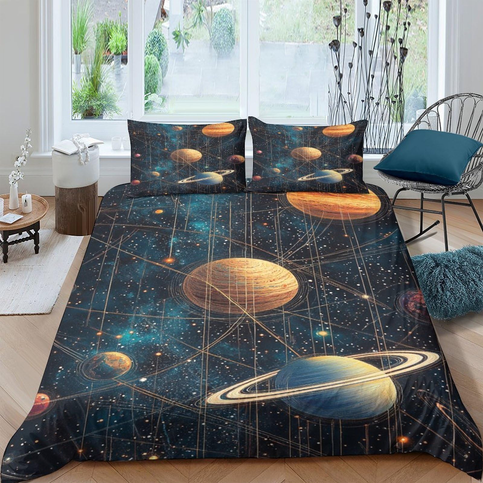 GPLZQXKJNH 3D Printed Solar System Duvet Cover Microfiber Soft Breathable Planet Bedding Set with 2 Pillowcases for Bedroom Decor Single（135x200cm）